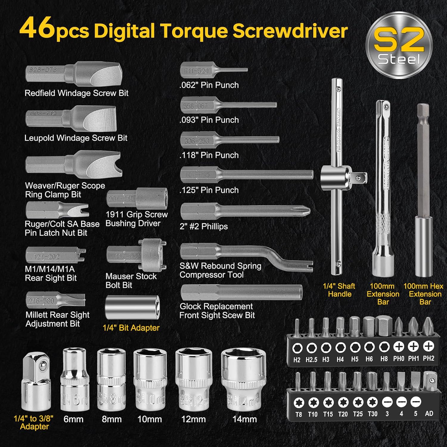 YIYEIE 46-Pc Digital Torque Screwdriver, 3.5-70.8 In-lbs, ±1% Accuracy, 1/4 Inch Pound Torque Screwdriver, Buzzer & LED Alert, with S2 Bits & Tools for Bike Repair, Scope Mounting & Electronics