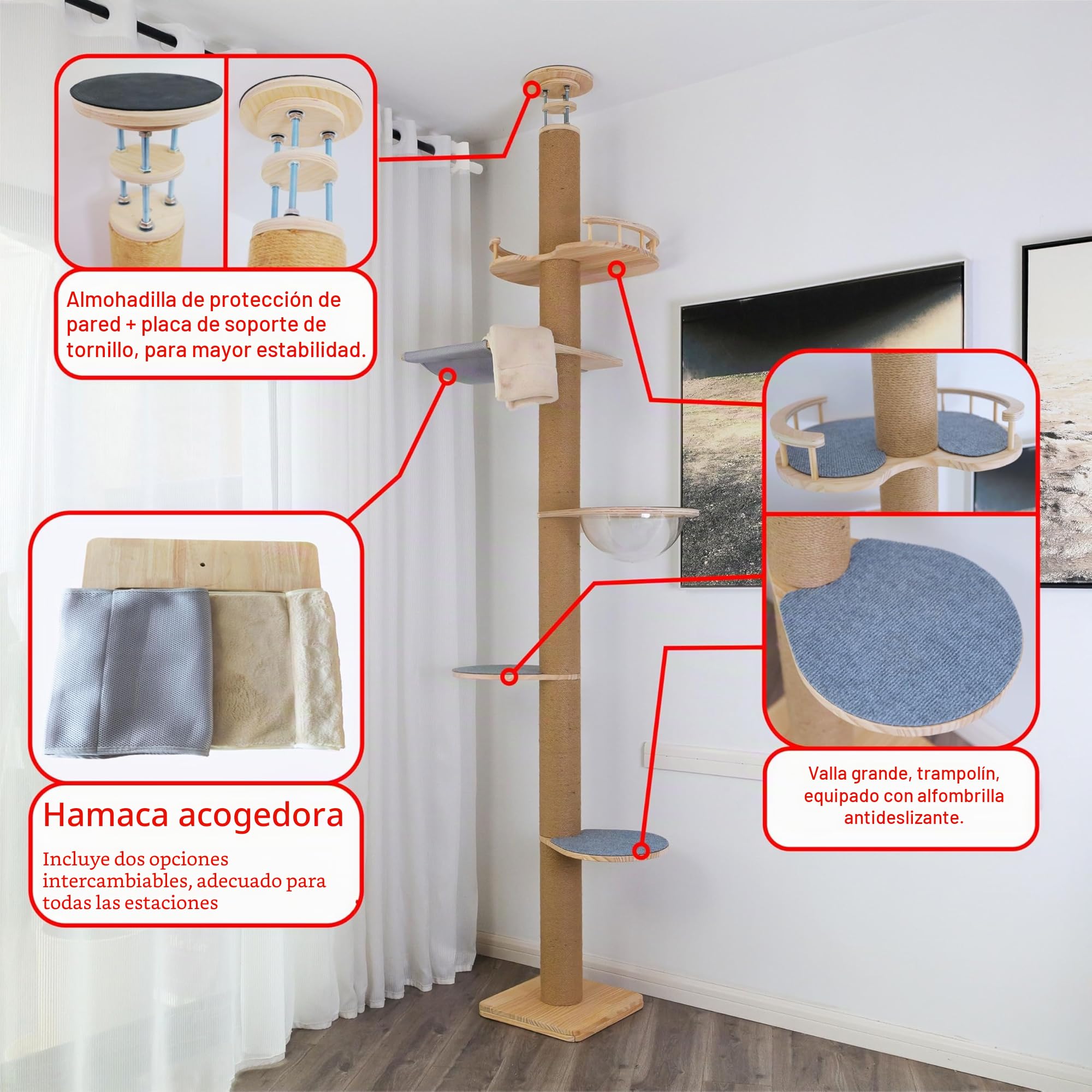 Árbol rascador para gatos de piso a techo, altura (127-304,8 cm), ajustable, 5 niveles de cáñamo, árbol rascador alto, árbol robusto para gatos para interiores y exteriores
