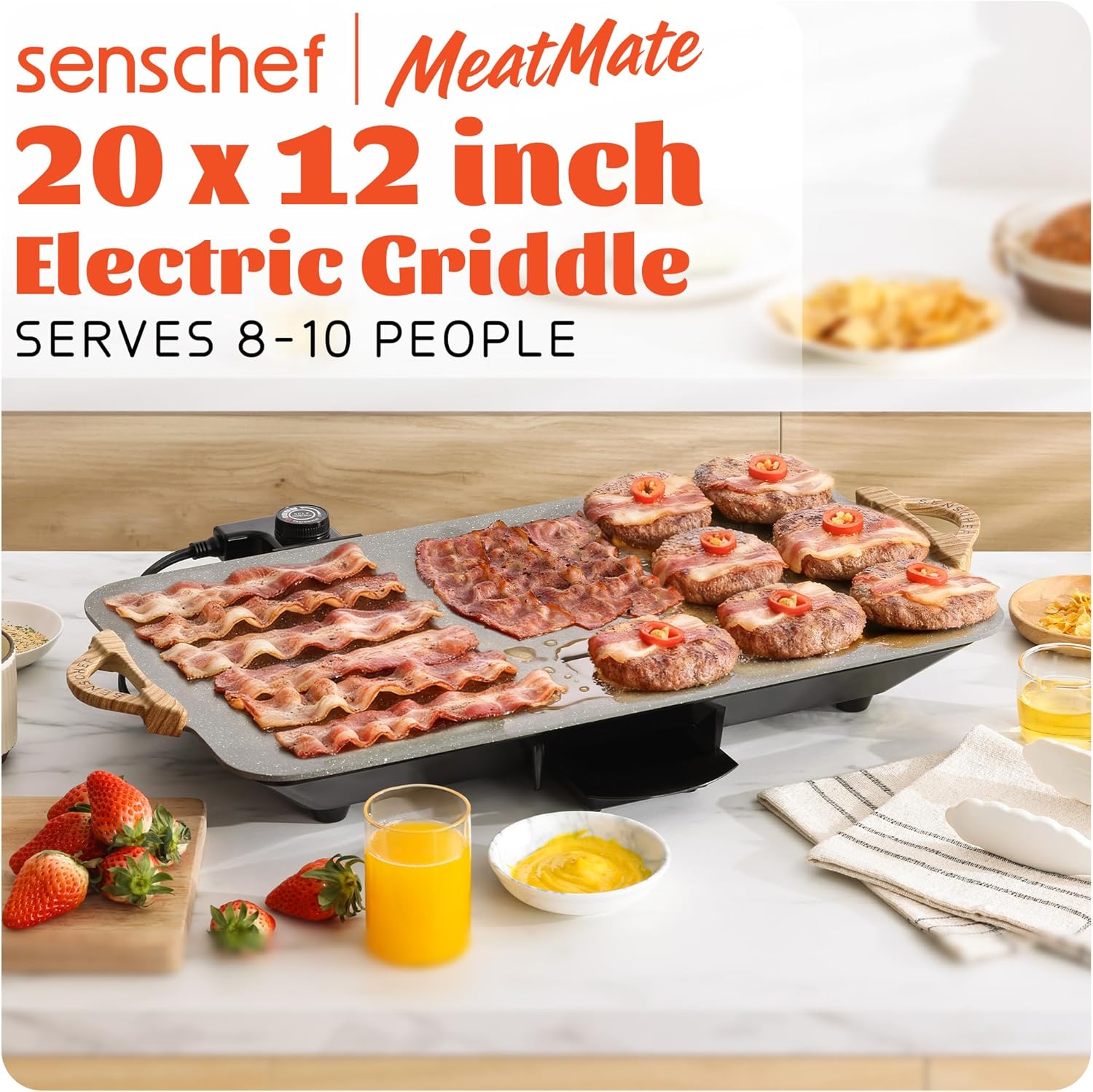 12x20inch Electric Griddle by BBQ Masters–1700W Nonstick ILAG Granite Surface, Large Sloped Design, Perfect for Family Meals, Pancakes&Eggs, Fast Even Heating, Easy to Clean, Granite Grey