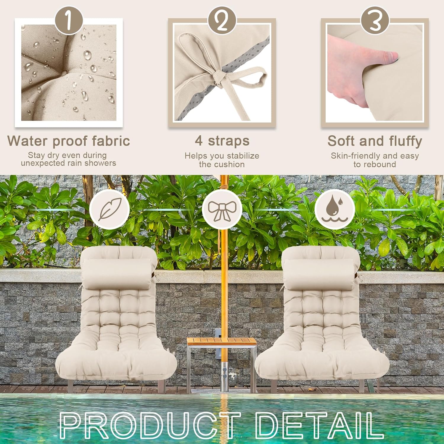 Tudomro 2 Pcs Light Beige 66'' Outdoor Chaise Lounge Cushion Waterproof Patio Lawn Pool Chaise Lounge Cushion with Headrest Pillow & Ties Weather Fade Resistant Replacement Longue Chair Pad