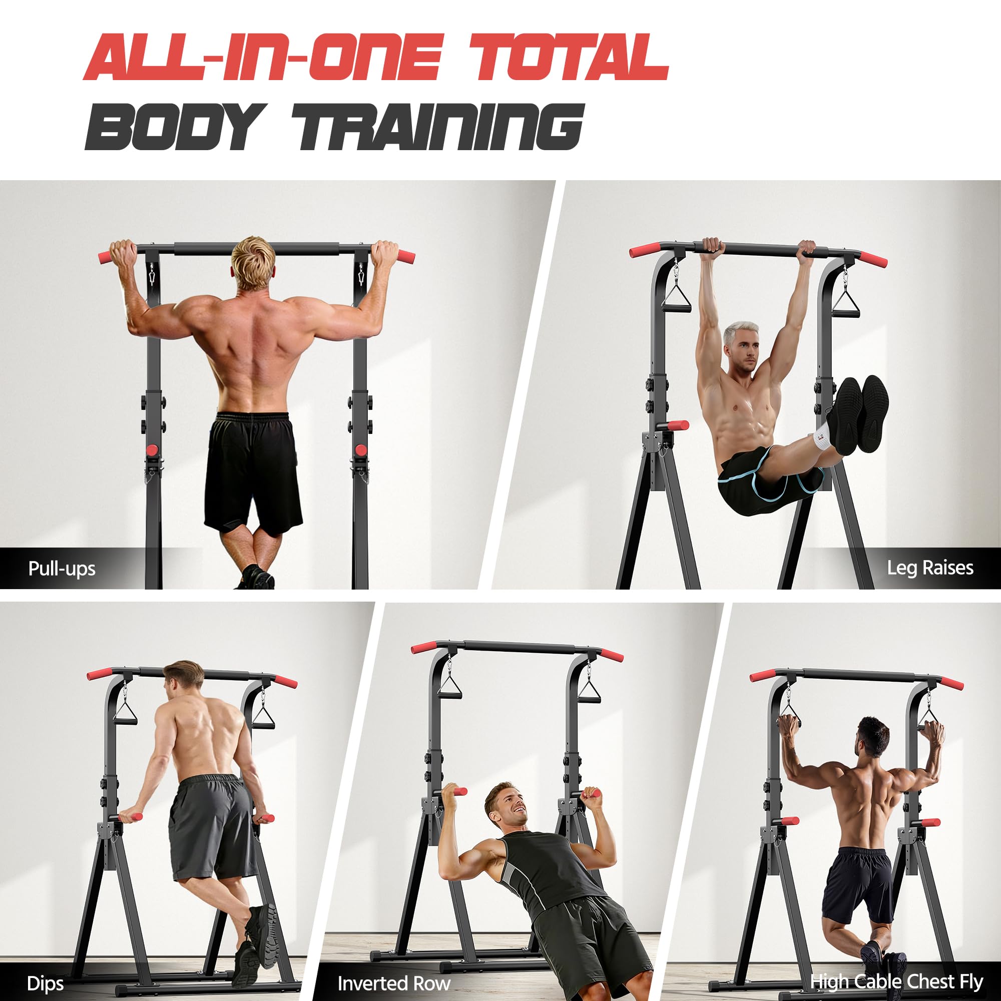 Faltbar Power Tower Dip Station, Klimmzugstange freistehend mit Aufhängering, Multifunktions Home Gym Trainingsgerät, Höhenverstellbar von 175-210cm,Home-Gym Belastbar 150kg