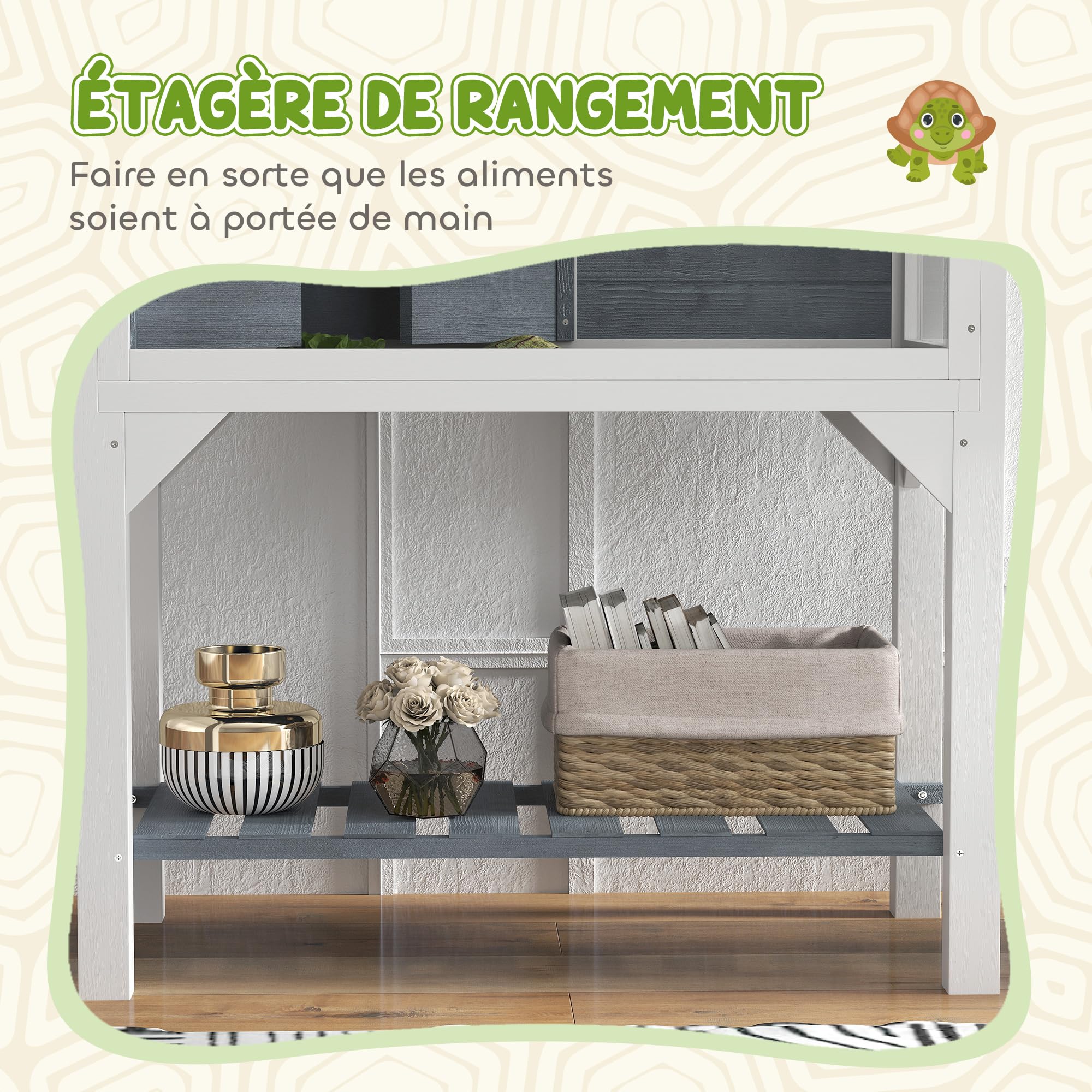 PawHut Casa para tortugas sobre patas de 2 zonas - Terrario para tortugas terrestres con techo corredizo y zona interactiva - recinto 90 cm, soporte lámpara, vista panorámica y estante - gris | Terrario Tortuga Terrestre, Techo Abatible, Zona Interactiva,