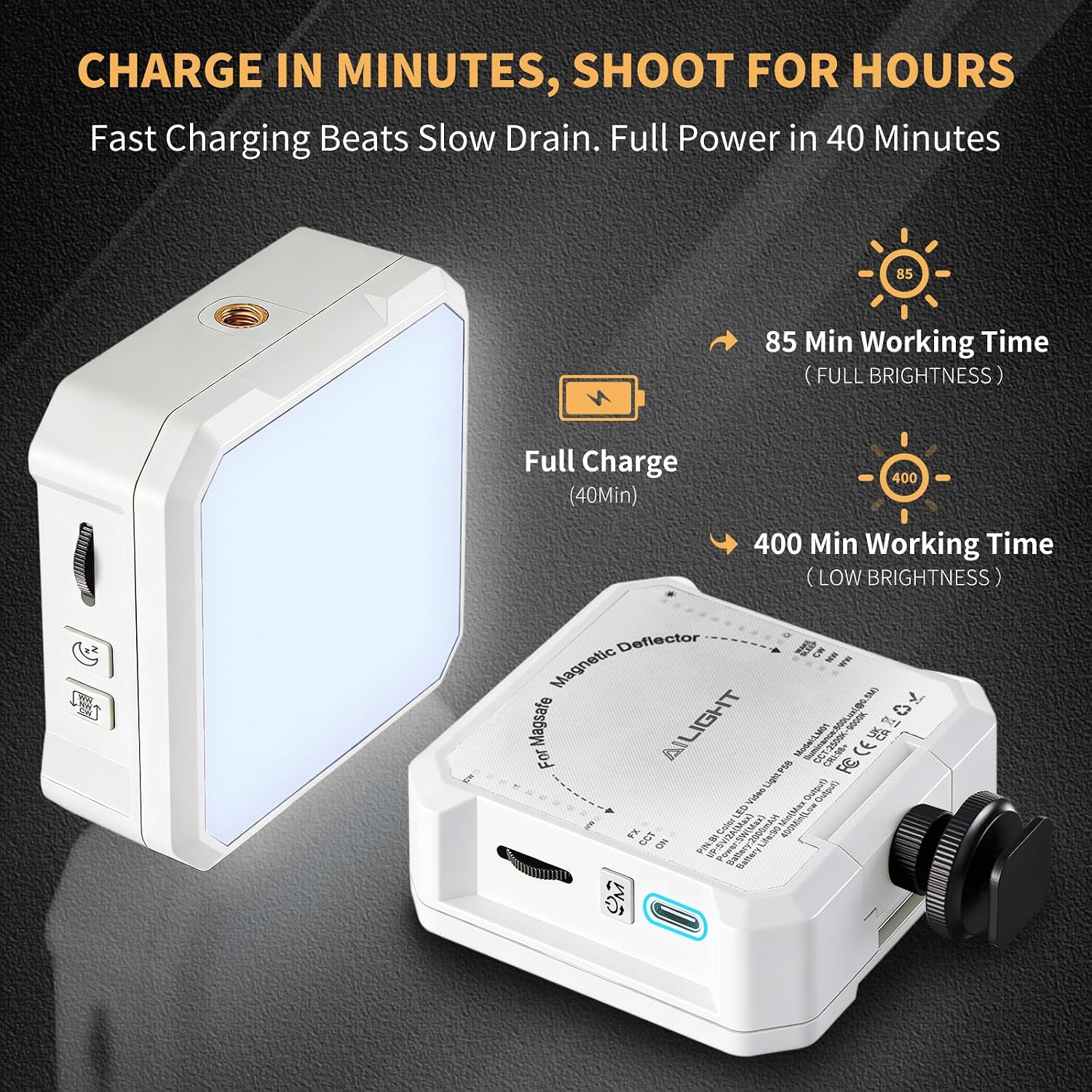 AILIGHT Magnetic LED Video Light, Portable Camera Lights for Content Creator(CRI 98+ & 2500-9000K) Rechargeable 2000mAh Camera Fill Light with Cold Shoe Mount | Photography Lighting - White