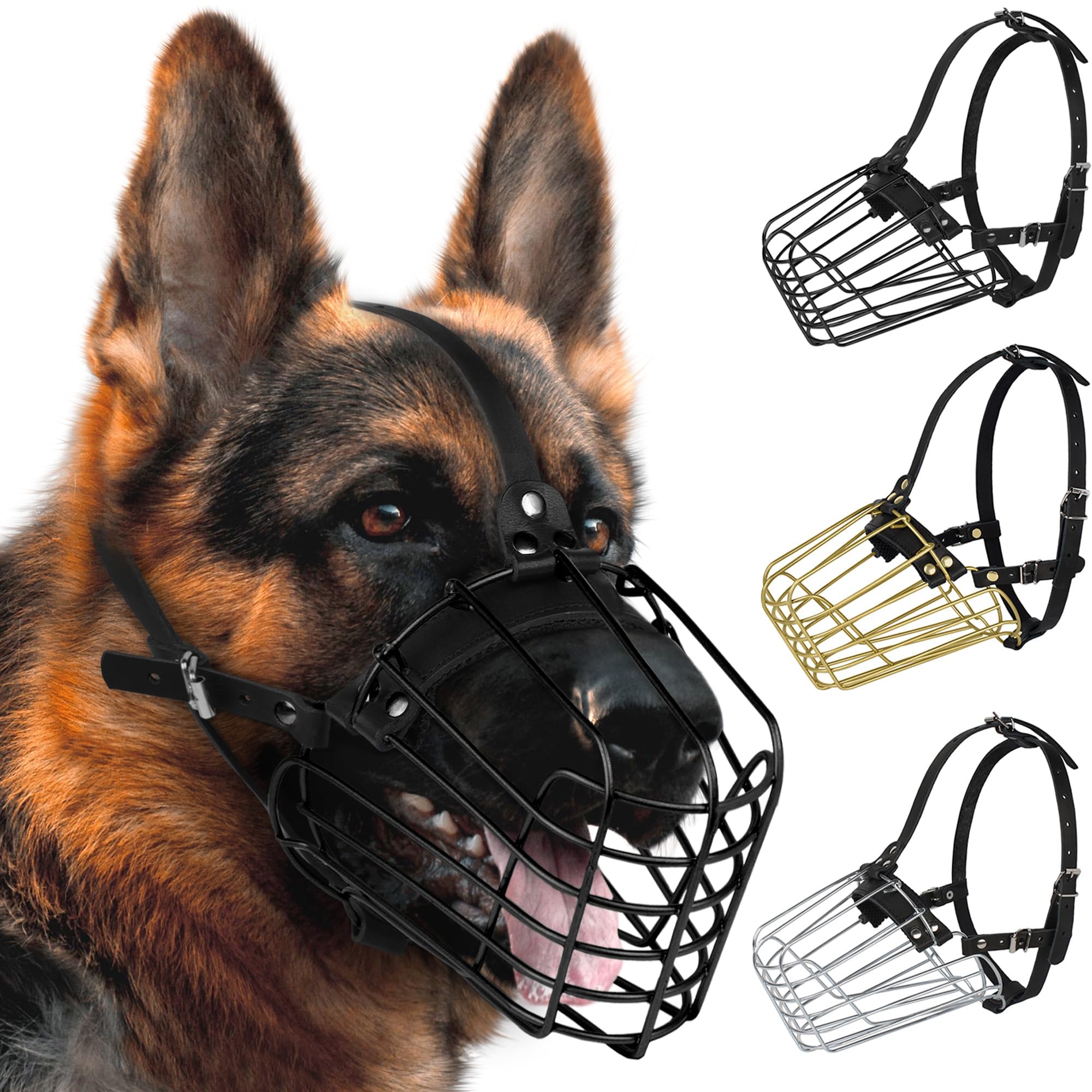 Bozal de metal para perros medianos y grandes, ajustable con correa de piel, bozal de entrenamiento y seguridad