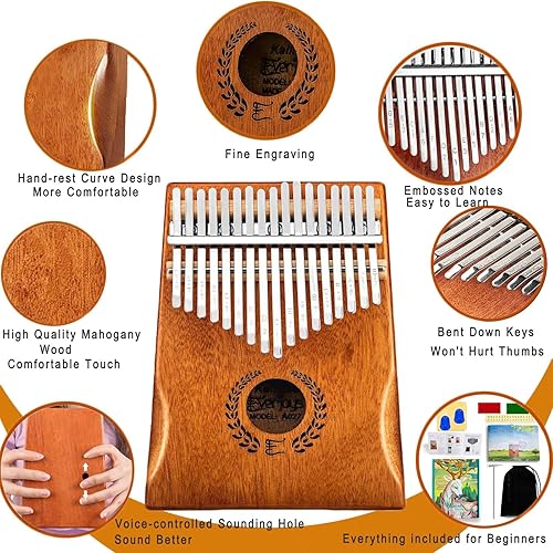 Miniatura 2 de Everjoys Kalimba - Piano de pulgar de 17 teclas, instrumento musical profesional piano de dedos marimbas con bolsa de tela suave portátil, libro de