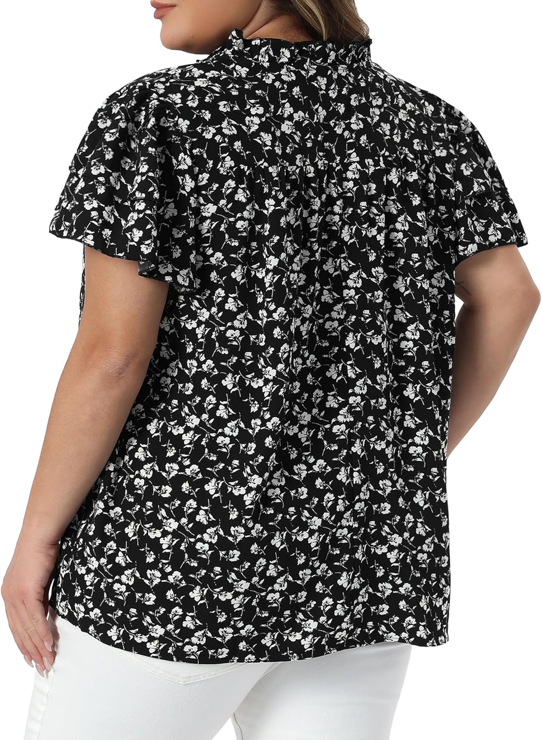Agnes Orinda Plus Size Summer Tops for Women Floral Ruffle V Neck Double Short Sleeve Casual Blouse Top - Image 4