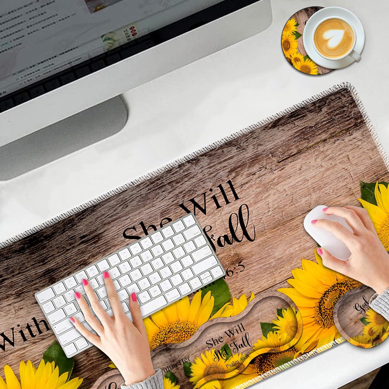 Large Mouse Pad Set, Desktop Mouse Pad + Keyboard Wrist Pad + Mouse Wrist Pad + Coaster, Ergonomic Memory Foam Multi-functional Desk Mat - Psalm 46:5 Sunflower