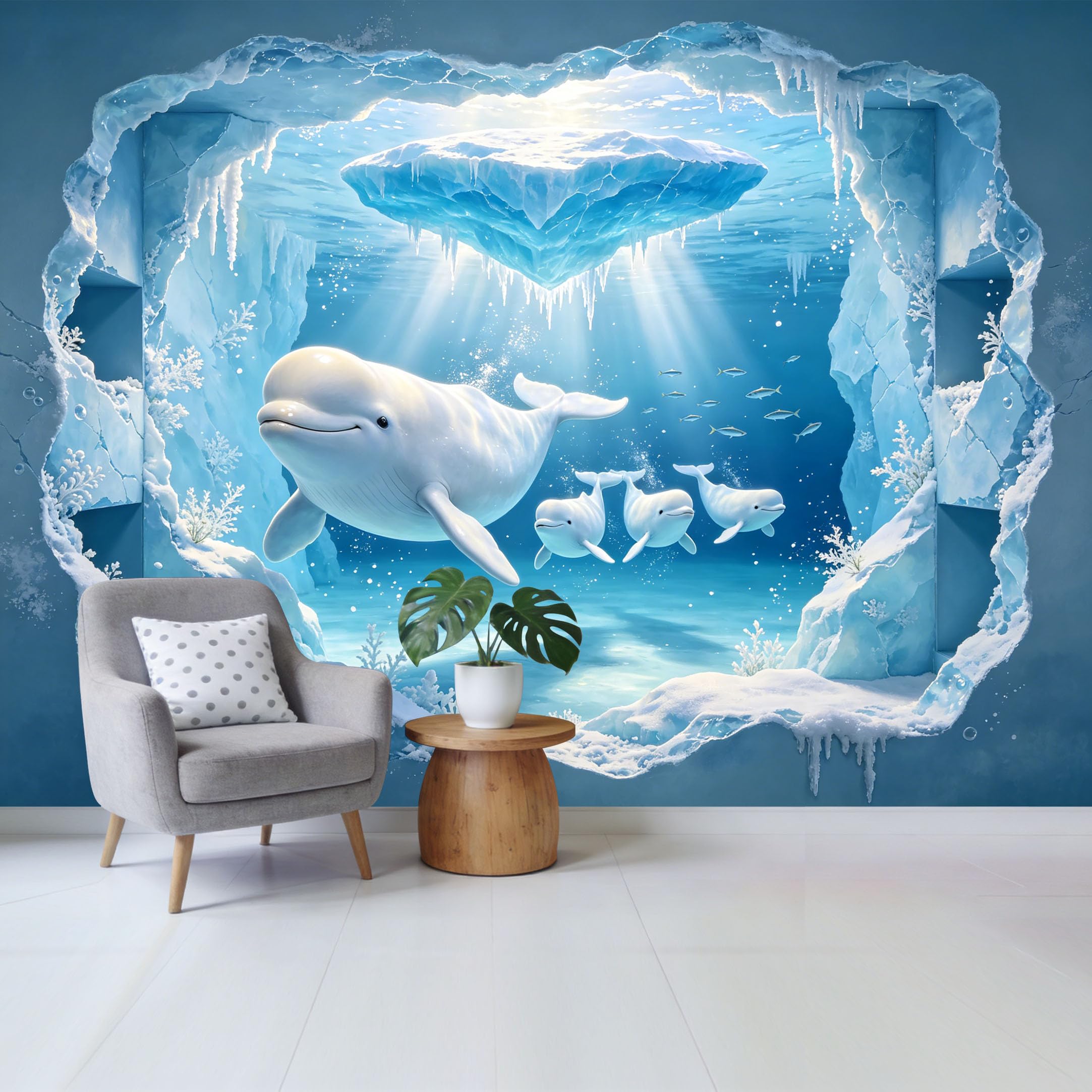 Custom Size Wall Mural Beluga Whale Underwater Iceberg 3D Trompe L'Oeil Removable Self Adhesive Fabric， Home Wall Decor for Living Room Bedroom Bathroom