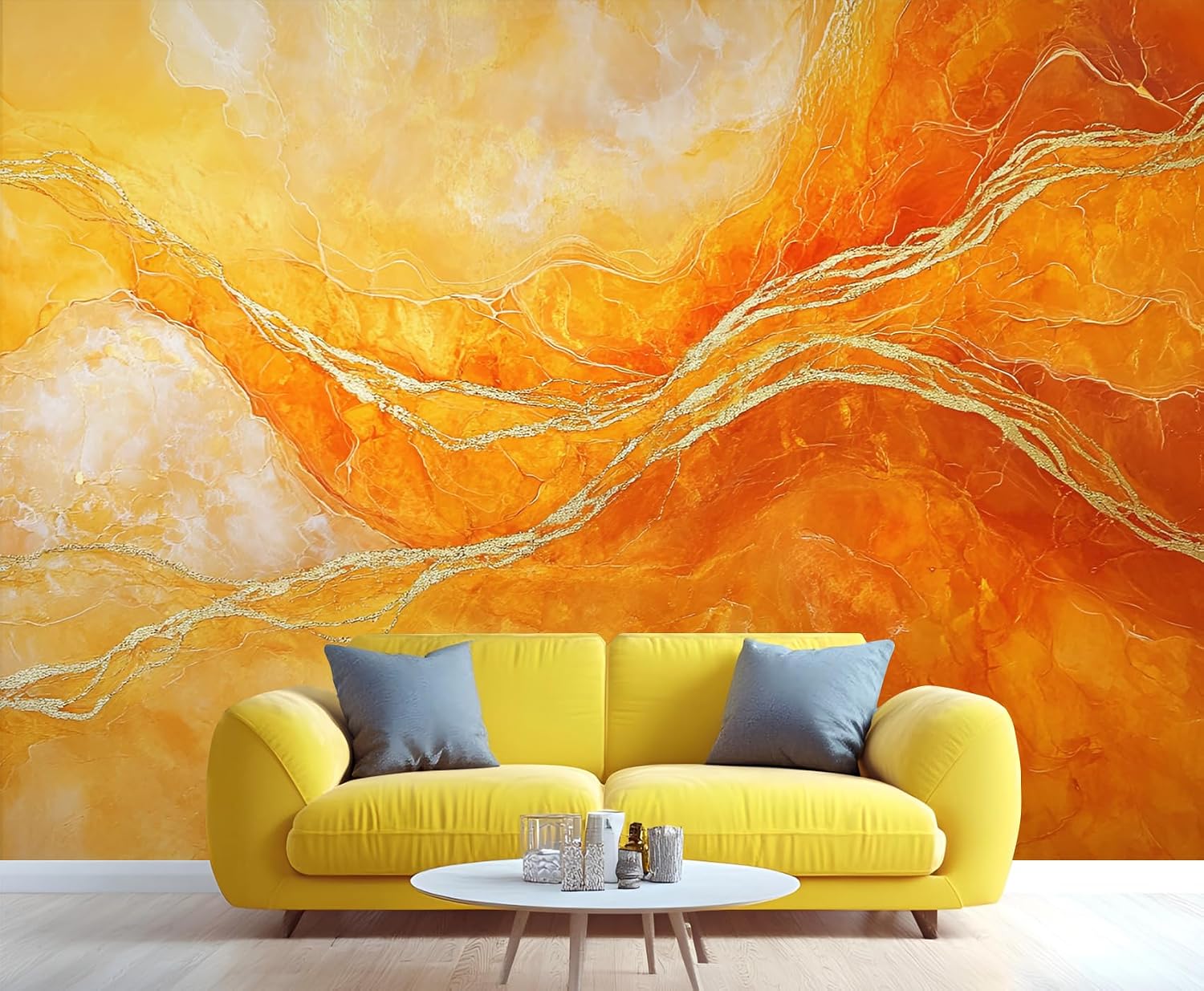 Orange Wallpaper Mural, Marble Removable Wallpaper, Nordic Modern Modern Wall Decor for Renter Bedroom and Living Room 103" x 69 "(Not Peel and Stick)