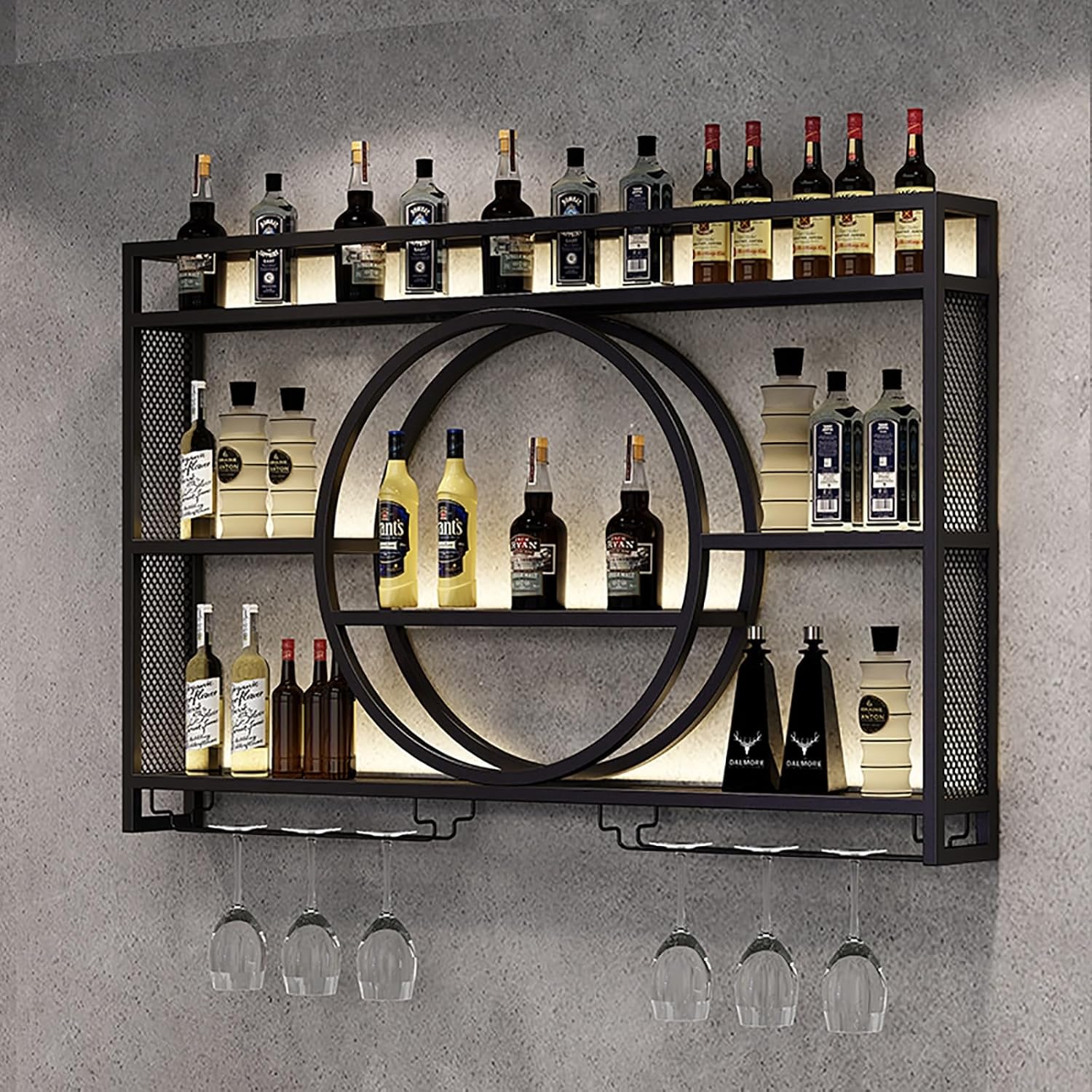 Wine Rack Wall Mounted With LED Light ＆ Wine Glass Holder,Iron Bar Liquor Shelf,Floating Wall Wine Shelves,Liquor Bottle Display Shelf,Wine Glass Storage Racks,For Kitchen Wine Cellar,Gold/Black