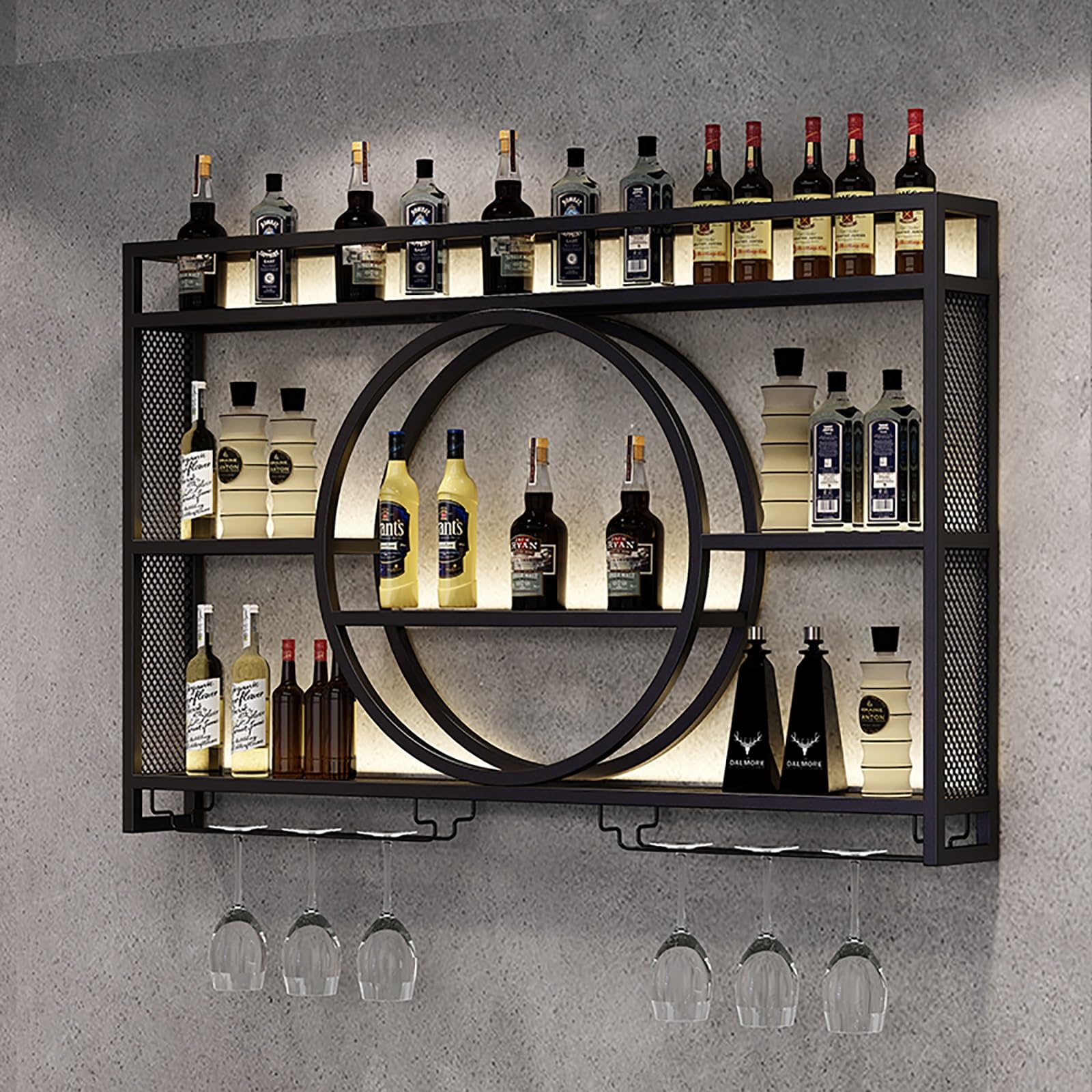 AKOGG - Wall mounted wine rack with LED light and wine glass holder, iron bar liquor rack, wall floating shelves, liquor bottle display rack