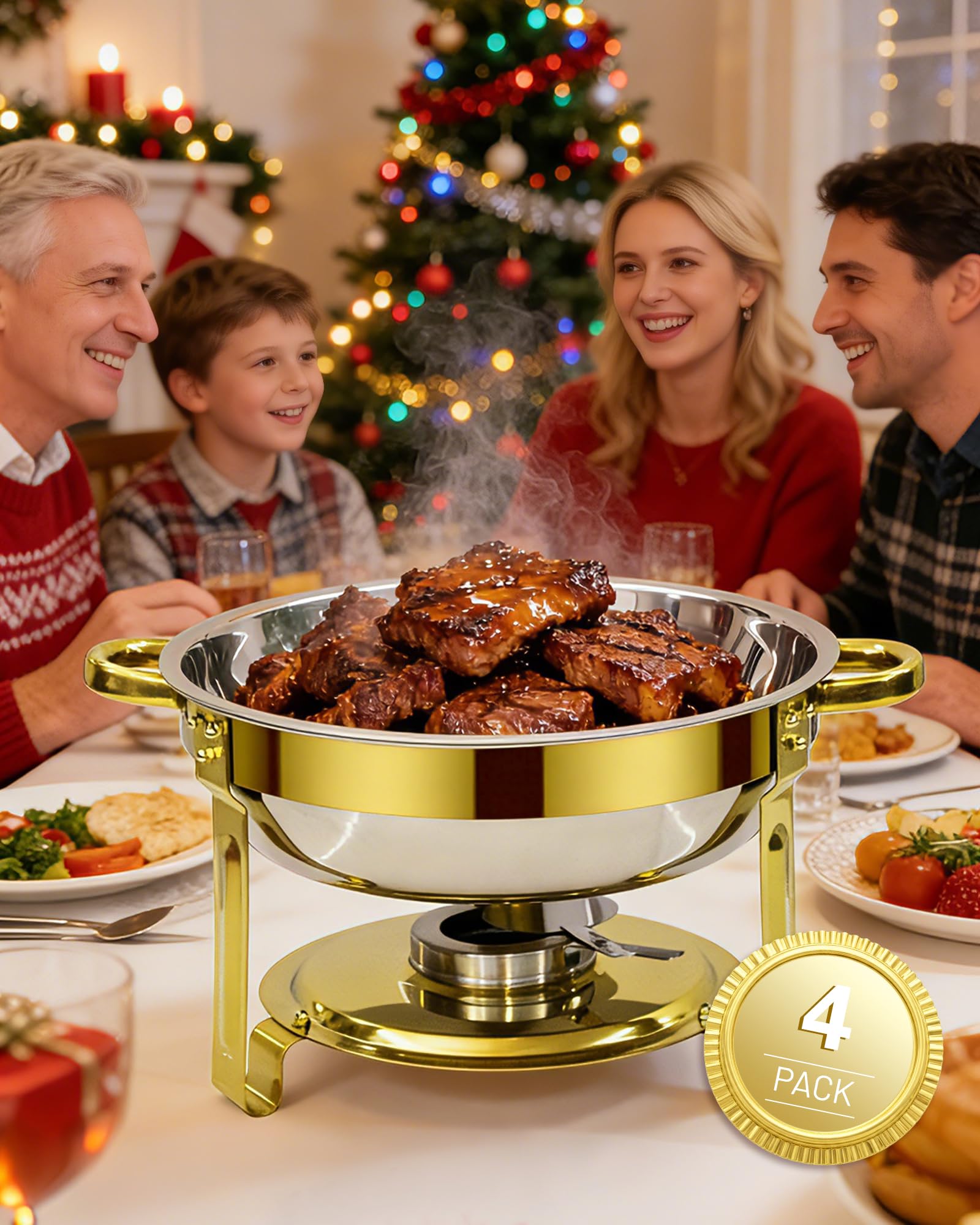 6L Scaldavivande per buffet, Chafing Dish Rotondo in Acciaio Inox, 4 Pezzi | Scaldavivande Buffet per Alimenti Caldi e Freddi con Portacoperchio, per Catering Ristoranti Feste Matrimoni, Oro e Argento