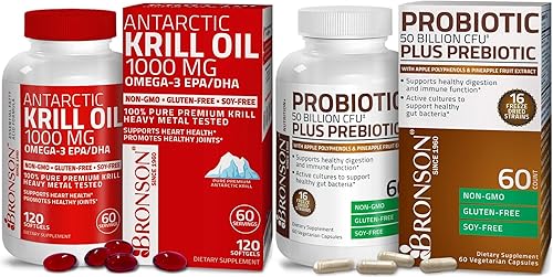 Bronson Probiótico 50 mil millones de UFC + prebiótico con polifenoles de manzana y extracto de fruta de piña, aceite de krill antártico 1000 mg con