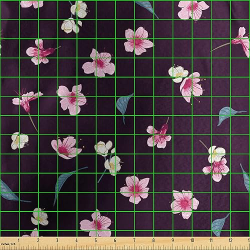 Miniatura 3 de Ambesonne Cherry Blossom Fabric by The Yard, Spring Night Sakura Yozakura Pattern on Nocturnal Background, Decorative Satin Fabric for Home Textiles