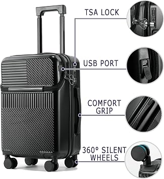 Small Suitcase With Wheels Front Opening Medium Suitcases Polycarbonate Hard Shell Suitcases With Lock,Laptop Compartment,Hand Luggage With Cup Holder And Usb Charging Port,White,20in
