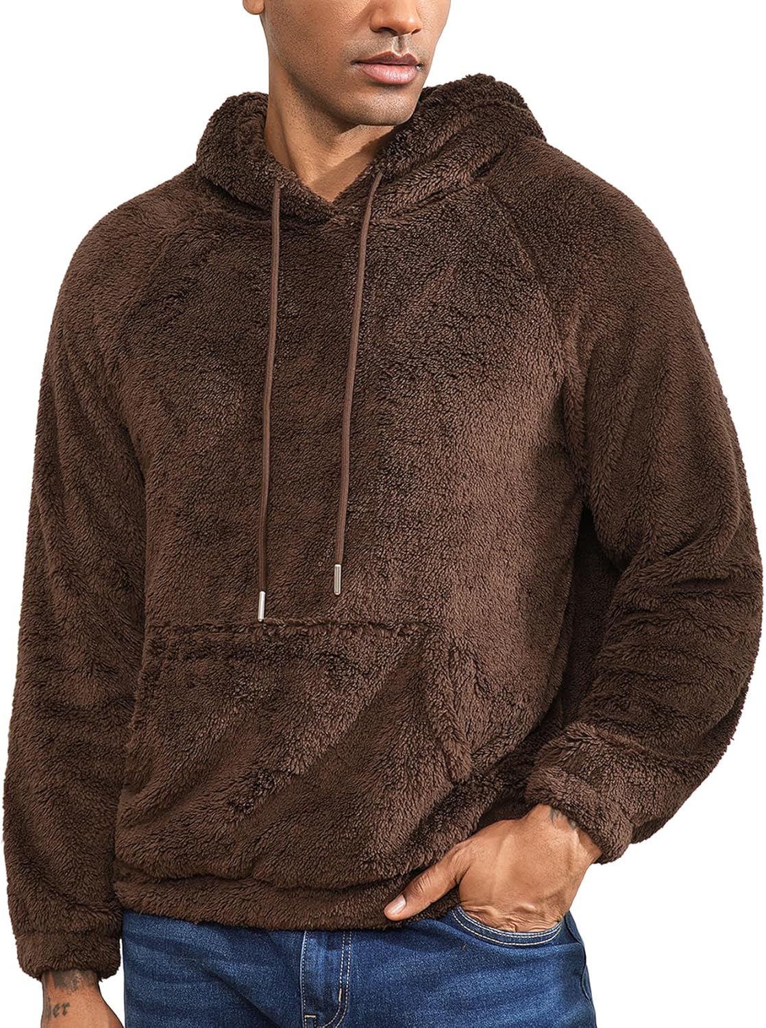 Flygo Mens Fuzzy Hoodie Sherpa Pullover Hoodies Casual Long Sleeve Hooded Sweatshirt Warm Fall Winter Fluffy Sweater