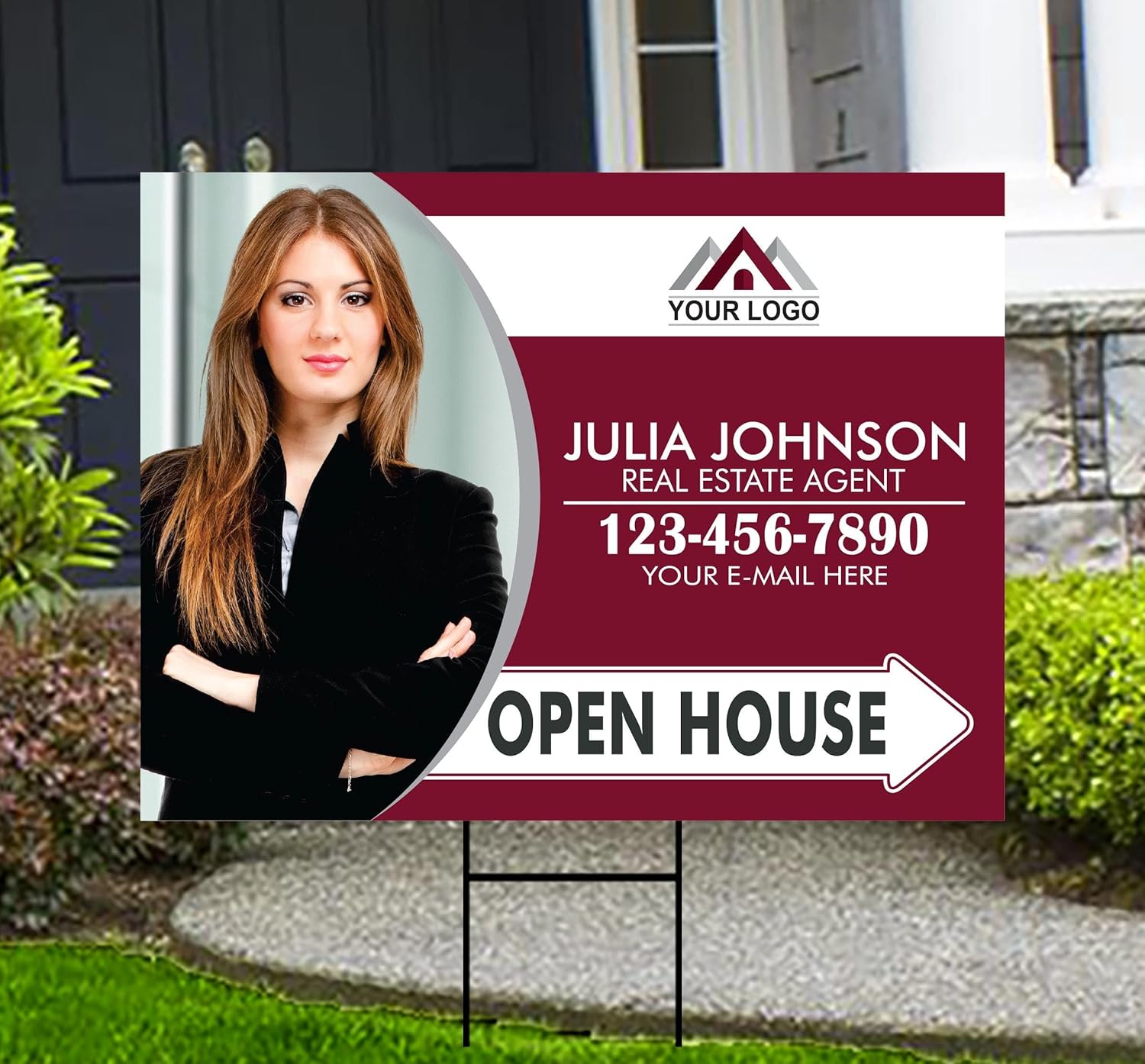 Personalized Real Estate Yard Sign - Coroplast Personalized Open House Yard Sign, Custom For Sale Realtor Lawn Sign with Metal H-Stake (Multicolor, 24" x 18", Double Sided)