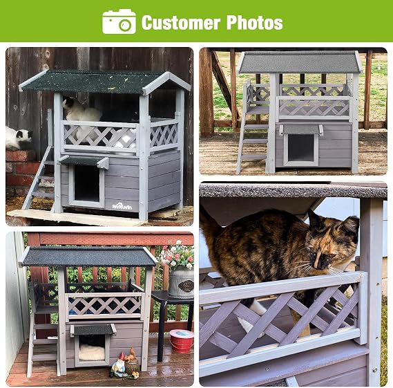 Seiyierr Outdoor and Indoor Cat House Weatherproof Outdoor Wild Cat House Two Storeys with Waterproof Balcony Stairs