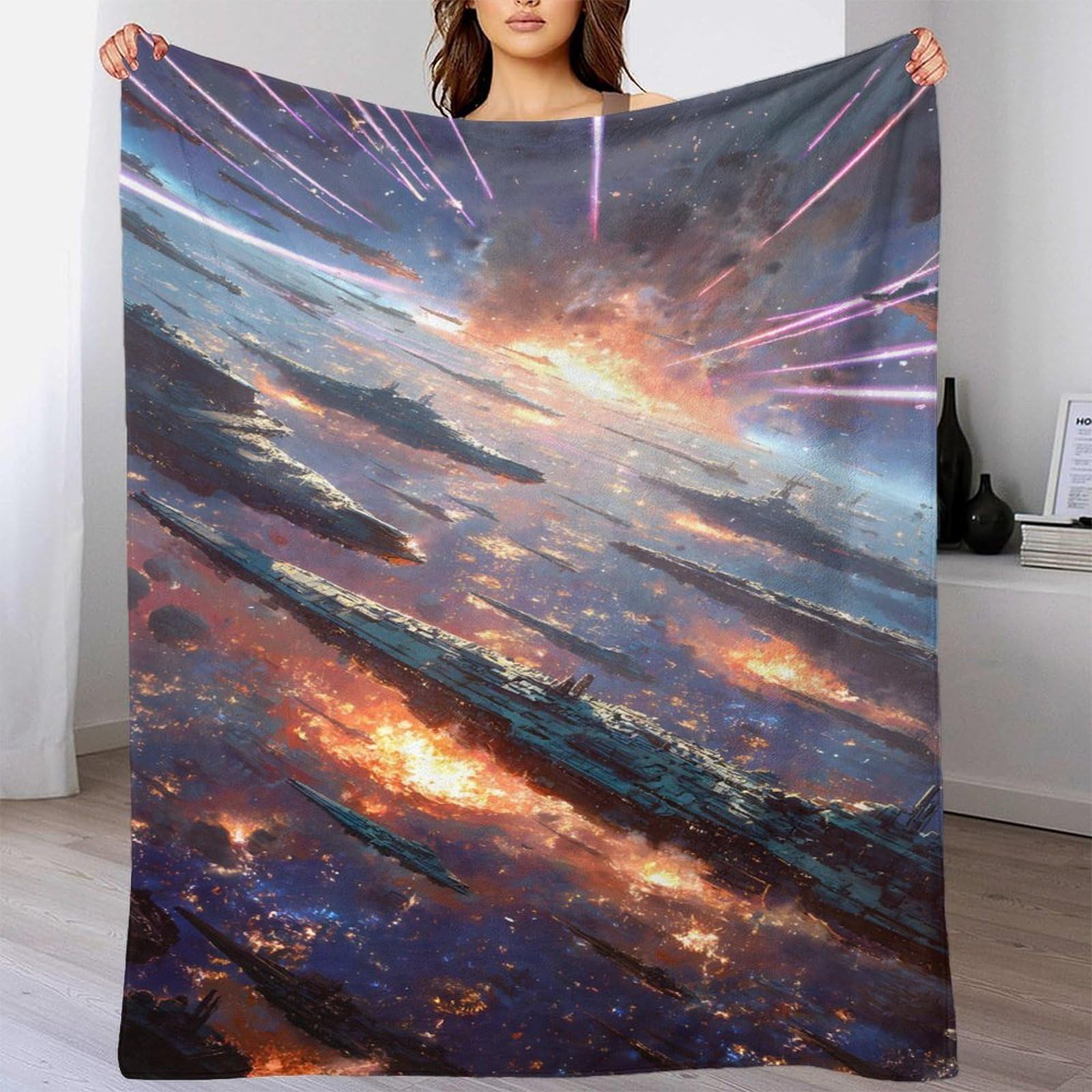 Digitaldruck Weltraum Planeten Galaxie Sci-Fi Thema Flanell Kuscheldecke, Kosmisches Kampfflugzeug Dicke Warme Decke Geschenkidee, 70x80inch(180x200cm)