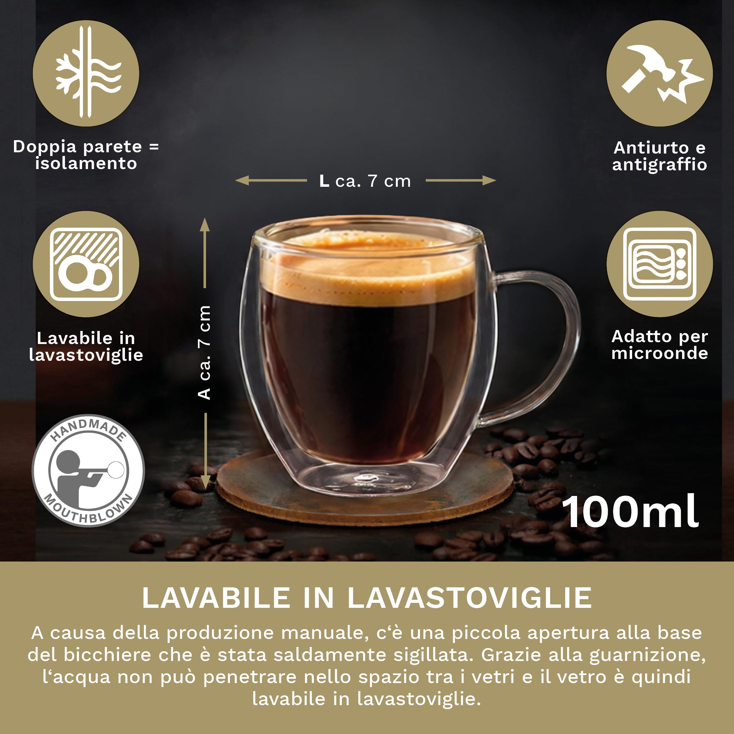 Creano Set 6 Tazze con Manico Cafè Espresso 100ml Doppia Parete in Vetro Borosilicato con Effeto Galleggiante | Bicchieri Termici Isolanti – Design Elegante Regalo Premium – Set: 6 x 100ml