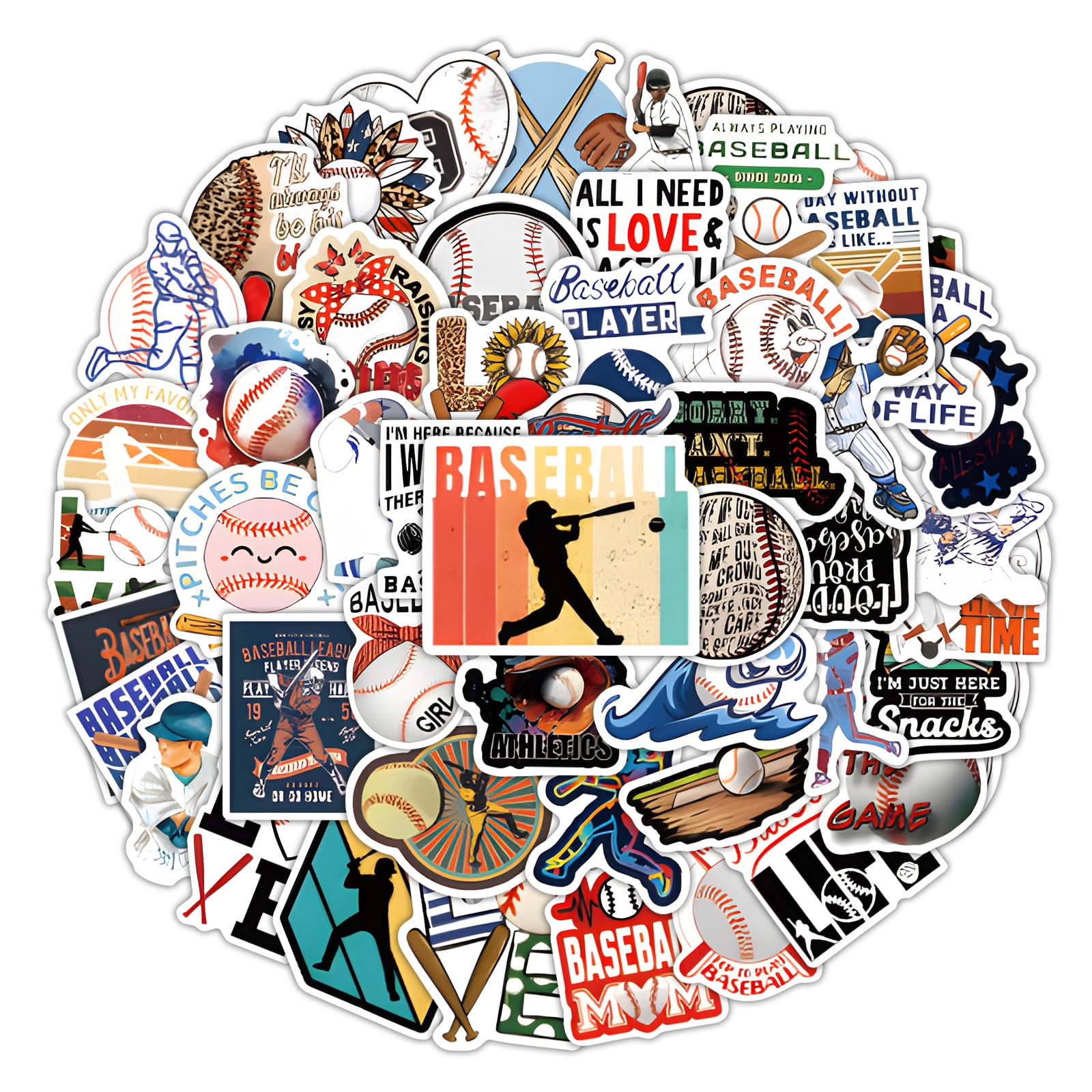 60 Pcs Baseball Sticker, Waterproof Sports Stickers for Journaling Laptop Scrapbook Water Bottles Guitar Suitcase, Cool Vinyl Decals for Teens Adults Kids Boys Girls Gift