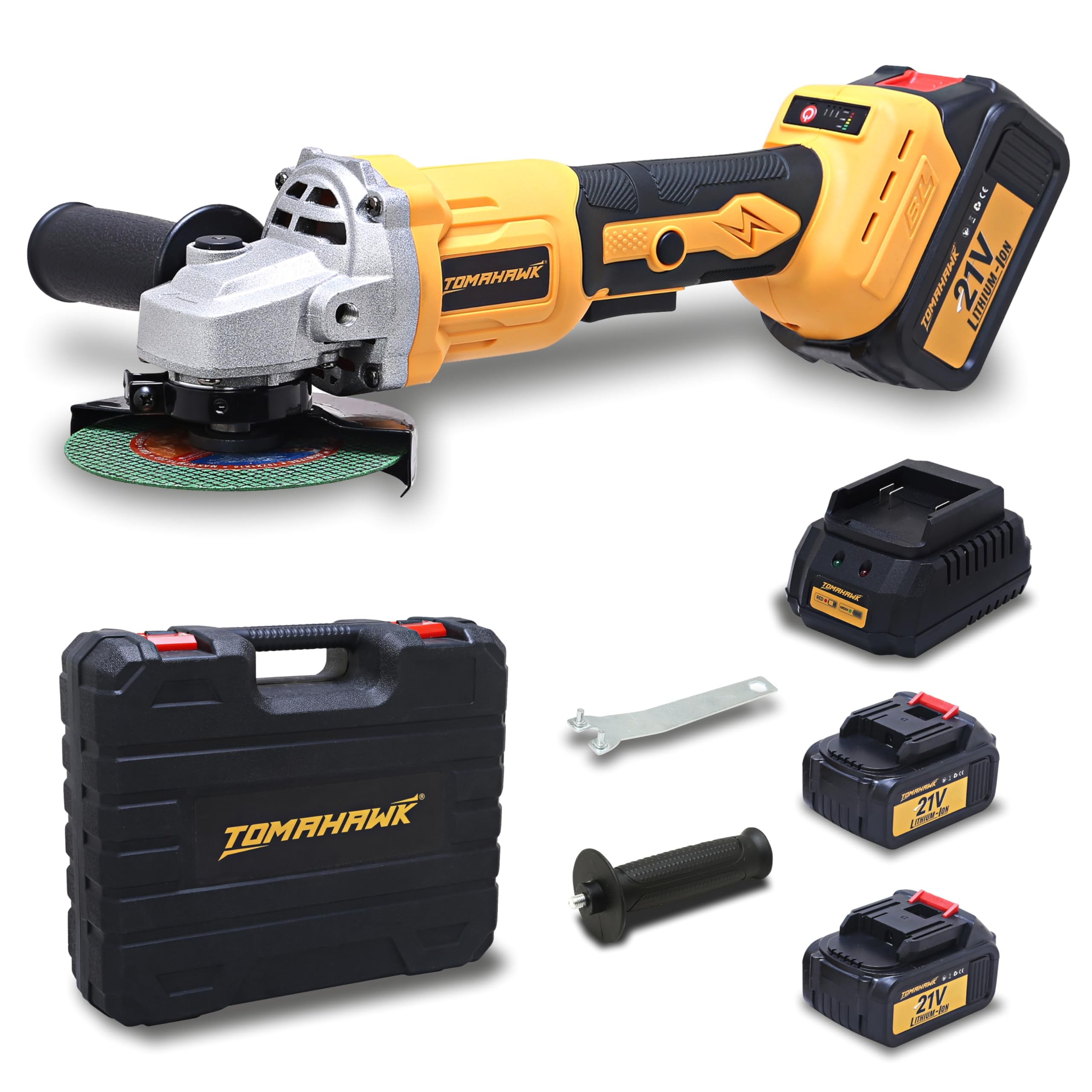 TOMAHAWK® T 32052 Cordless Angle Grinder 21V Brushless Motor, 0-8500 RPM No Load Speed, 110mm Wheel Diameter, Adjustable Speed Control, Battery Level Indicator, Includes 2 Batteries & Charger