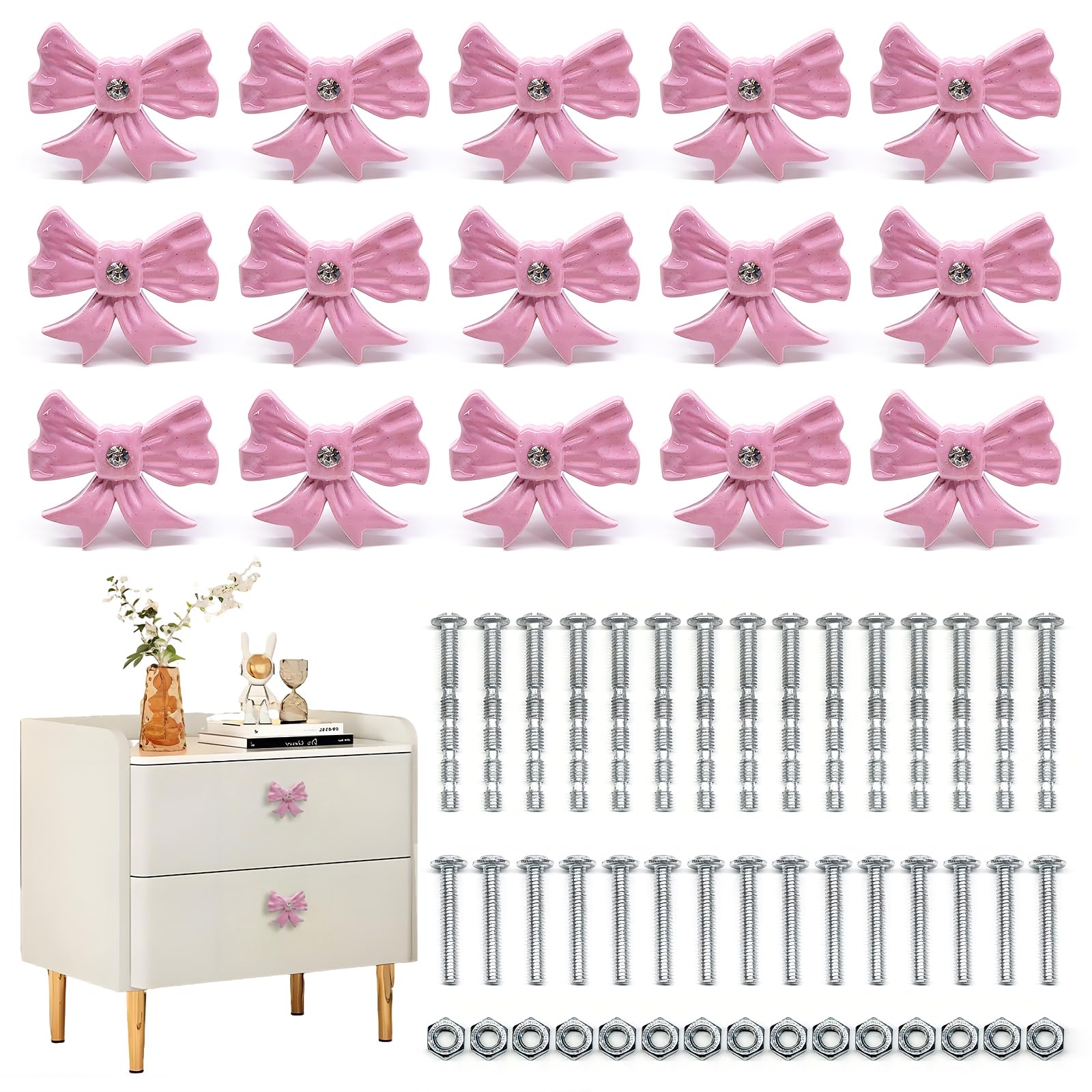 ROPCIA 15 Pack Pink Bow Dresser Knobs Vintage Decorative Metal Cabinet Drawer Pull Handles for Nursery Girls Room Vanity Wardrobe Bedroom Kitchen Home Decor
