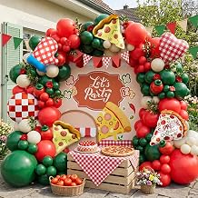Pizza Party Balloon Arch Kit, Pizza Party Decorations Kit with Red Dark Green White Latex Balloon arch, Checkered and Pizza Gloves Foil Balloons for Birthday Game Night Italian Theme Decor