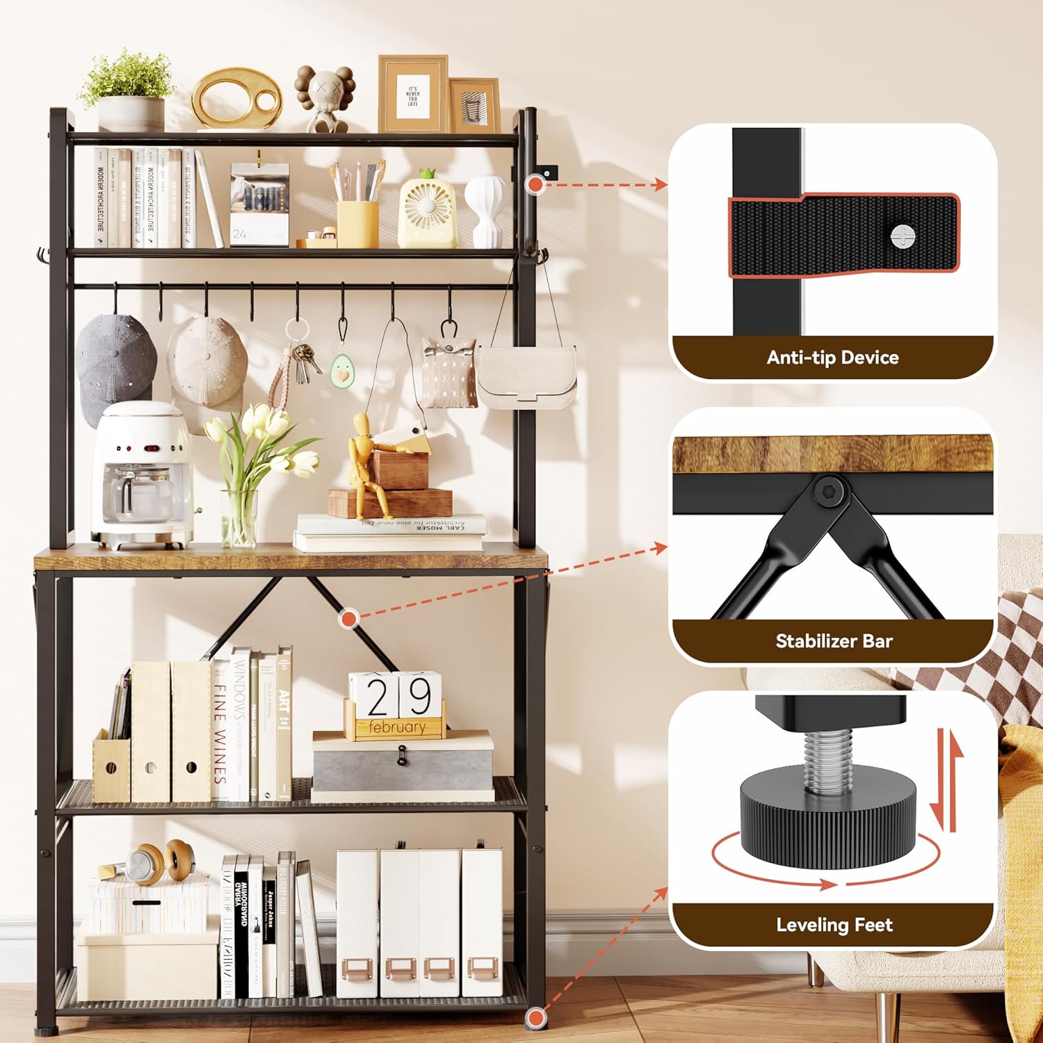 YASONIC Coffee Bar, Bakers Rack with Storage, 25.6 Inches Microwave Stand, 5 Tier Kitchen Shelves Appliance Storage, 12 S Hooks Large Coffee Station for Spices, Pots and Pans, Rustic Brown