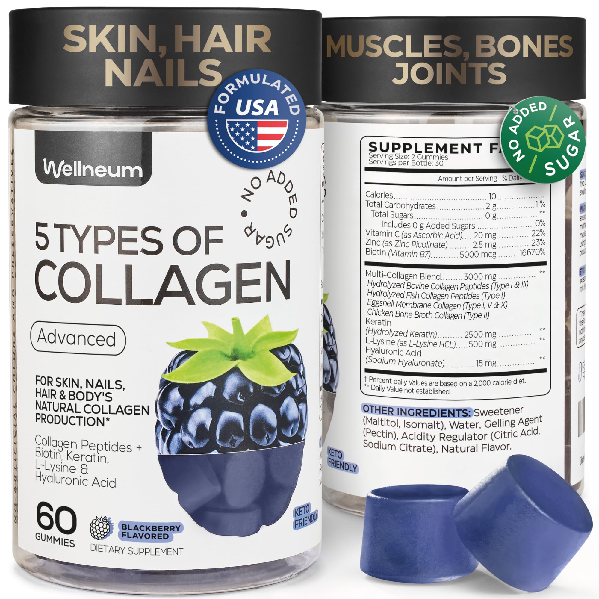 Collagen Peptide Gummies for Women and Men - Collagen Gummy Supplement for Healthy Hair, Skin, Nails and Bones - Hyaluronic Acid, Biotin, Keratin, Saw Palmetto - Sugar Free, No GMO and Gluten, 60 Pcs