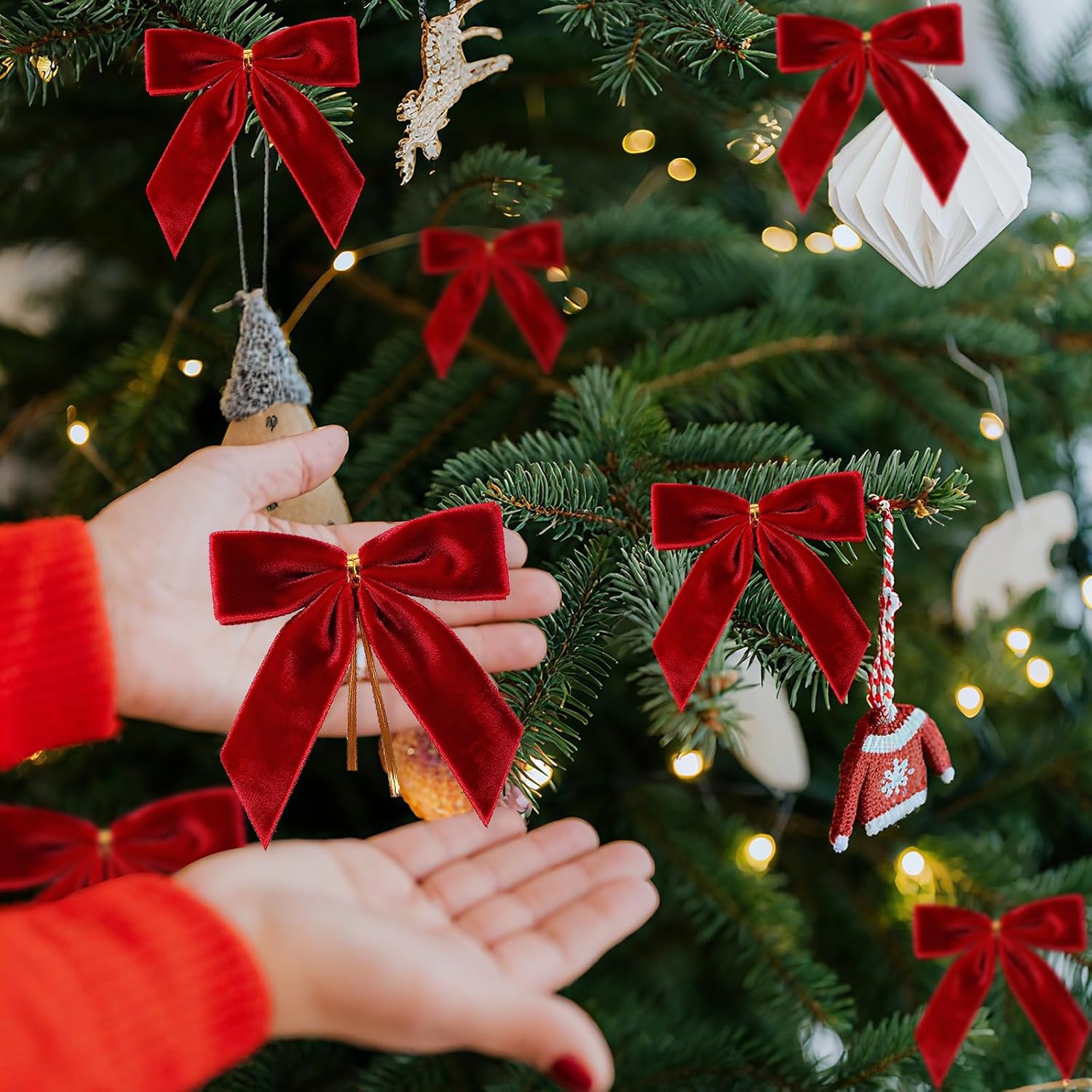 30Pcs Red Velvet Ribbon Bows Twist Tie Bows 3.5x3.5in for Christmas Tree Decorations Ornaments Wreath Baby Shower Treat Bag Gift Wrapping Crafts Xmas Candy Bags Décor - Image 5