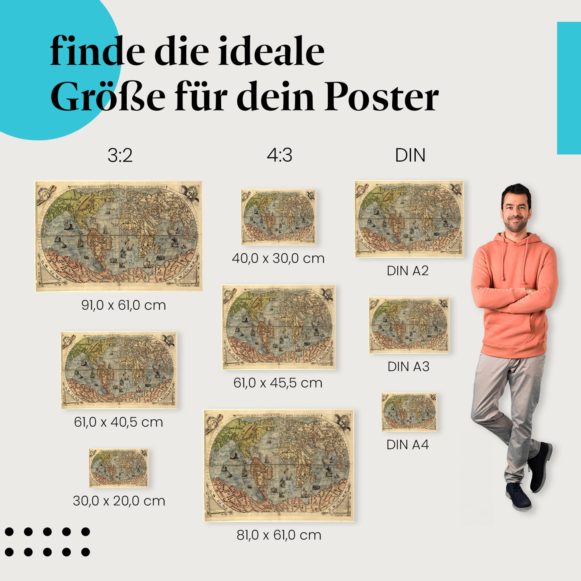 Postereck - 0460 - Historische Weltkarte, Kontinente Karte Vintage - Unterricht Klassenzimmer Schule Wandposter Fotoposter Bilder Wandbild Wandbilder - Leinwand - 100,0 cm x 75,0 cm