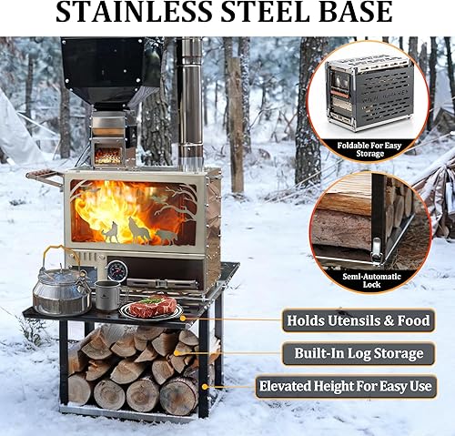 Miniatura 5 de Estufa de leña, estufa de leña, estufa de tienda de campaña caliente, estufa de campamento portátil de acero inoxidable con horno y base y 6 tubos