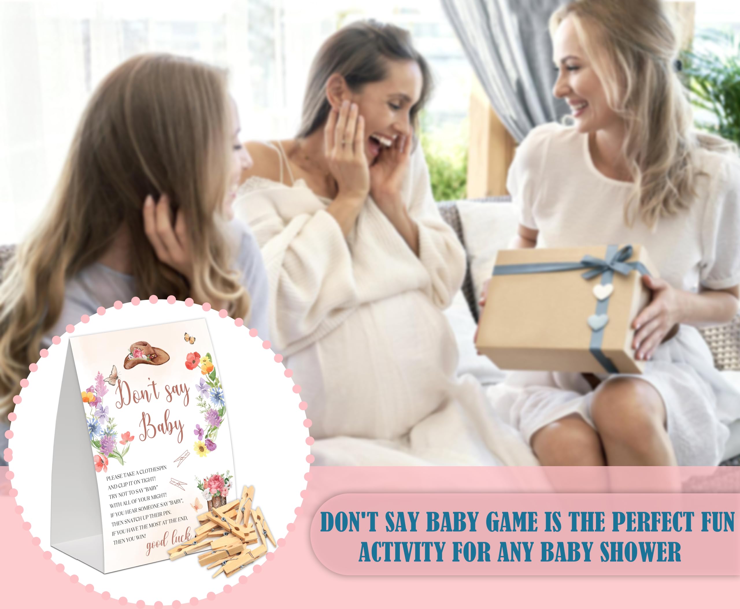 "Don't Say Baby" Baby Shower Game - Western Boots Theme, Includes 5x7 Sign & 50 Clothespins - View #5
