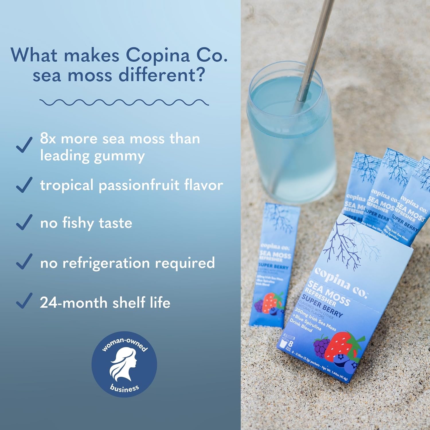 Copina Co. Irish Sea Moss Powder Drink - Super Berry with Organic Blue Spirulina - 200mg Organic Sea Moss for Gut & Skin Health, Immunity - Natural Electrolytes I 16 Stick Packs - Image 7