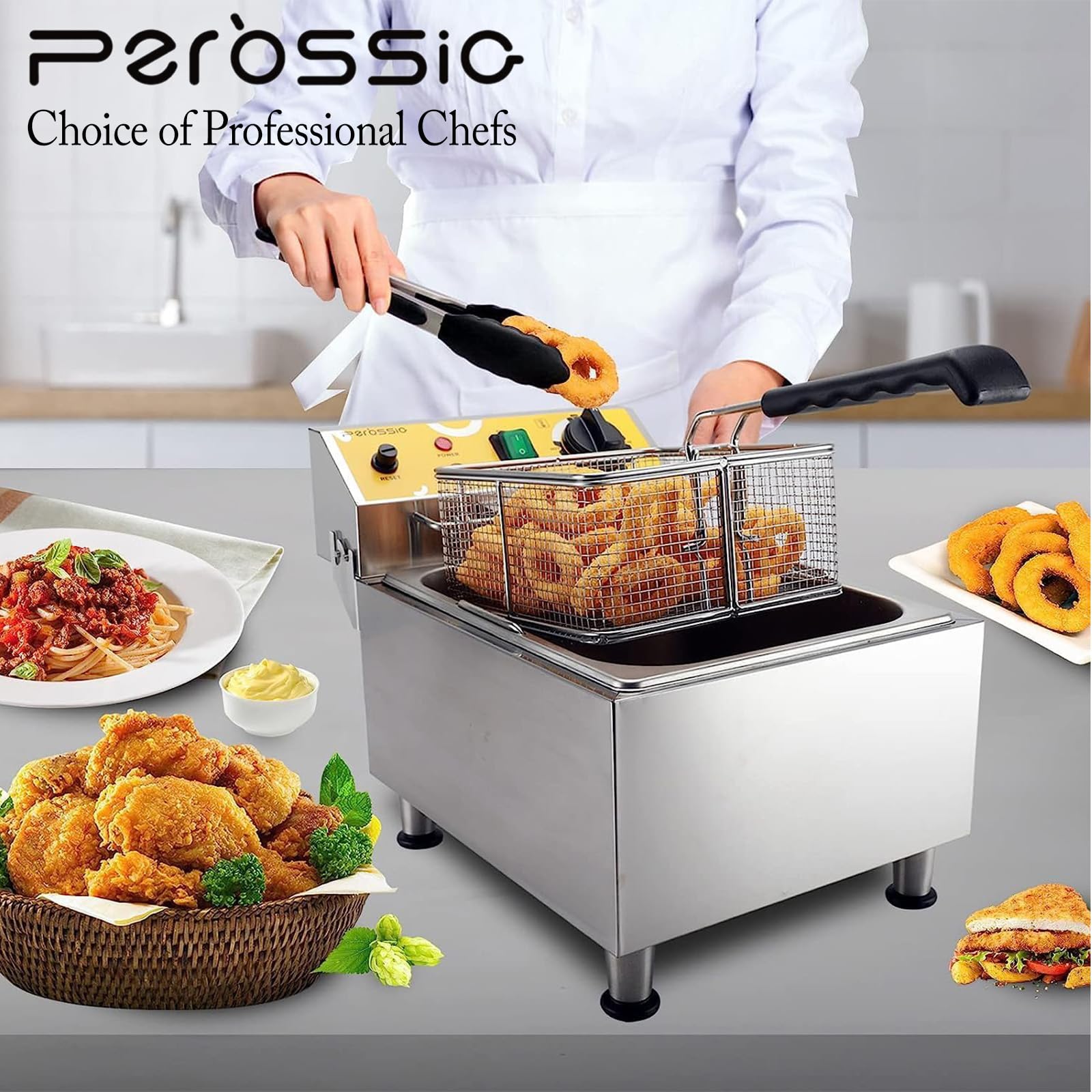Freidora grande con cesta y tapa, 10 L (10.6 cuartos de galón), freidora eléctrica 304SS para el hogar y comercial, freidoras de encimera, calentamiento rápido de 1750 W, 120 V 7