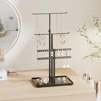susswiff Jewelry Holder Organizer Stand - Adjustable Jewelry Tree 17.5 Height (Max), Jewlery Hanger for Necklaces, Bracelets, Earrings, Aesthetic for Storage and Display, Metal, Black