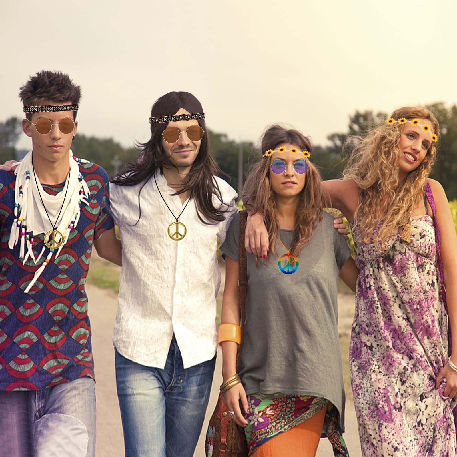 Hippie-Kostüm-Set 7-teilig Für Damen – Mit Blumenkrone, Sonnenbrille & Mehr, 70er Style