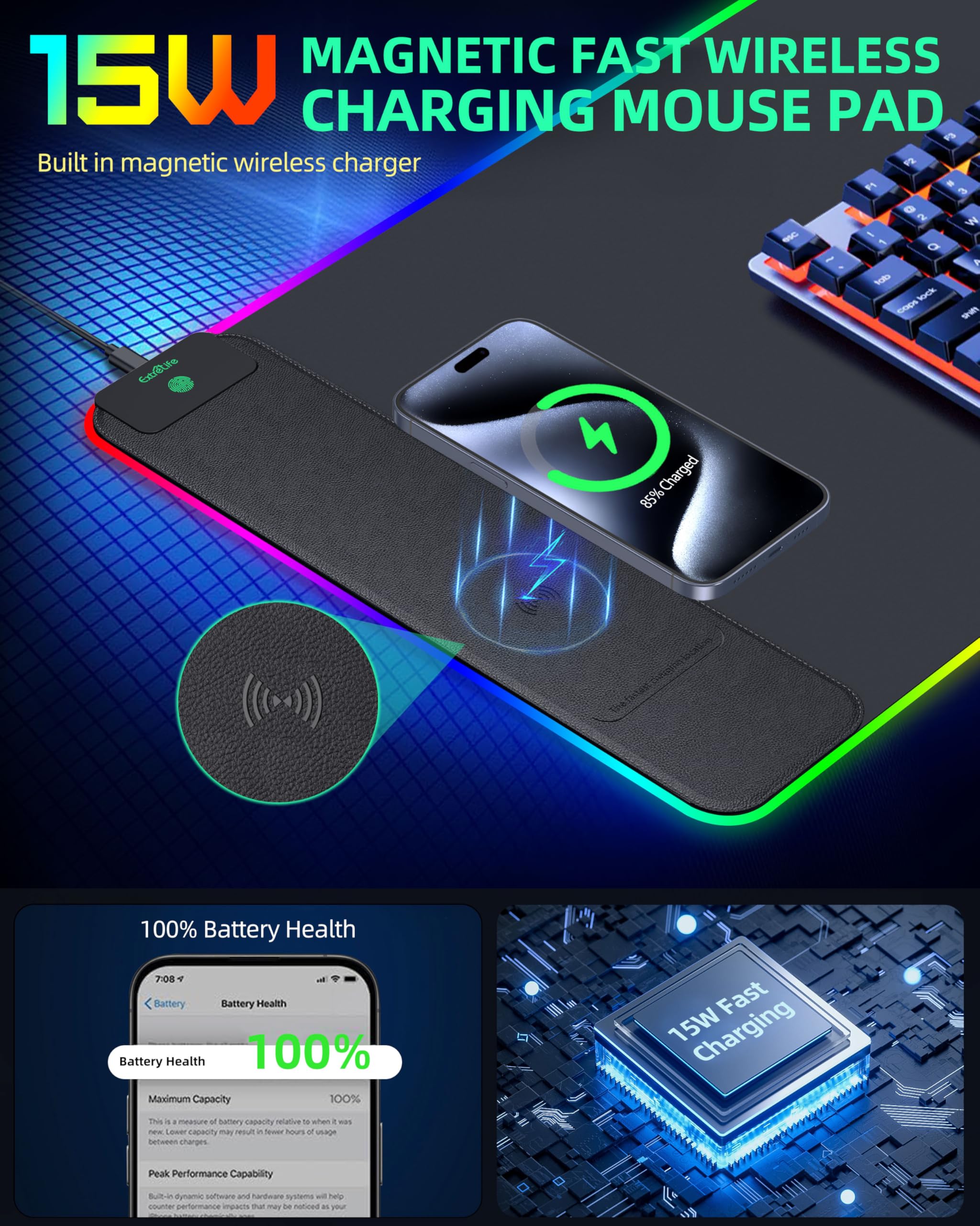 Tappetino per mouse con ricarica wireless, tappetino da scrivania da gioco RGB, 80 x 40 cm, grande, XXL, 15 modalità di illuminazione, superficie ultra liscia, tappetino per mouse antiscivolo