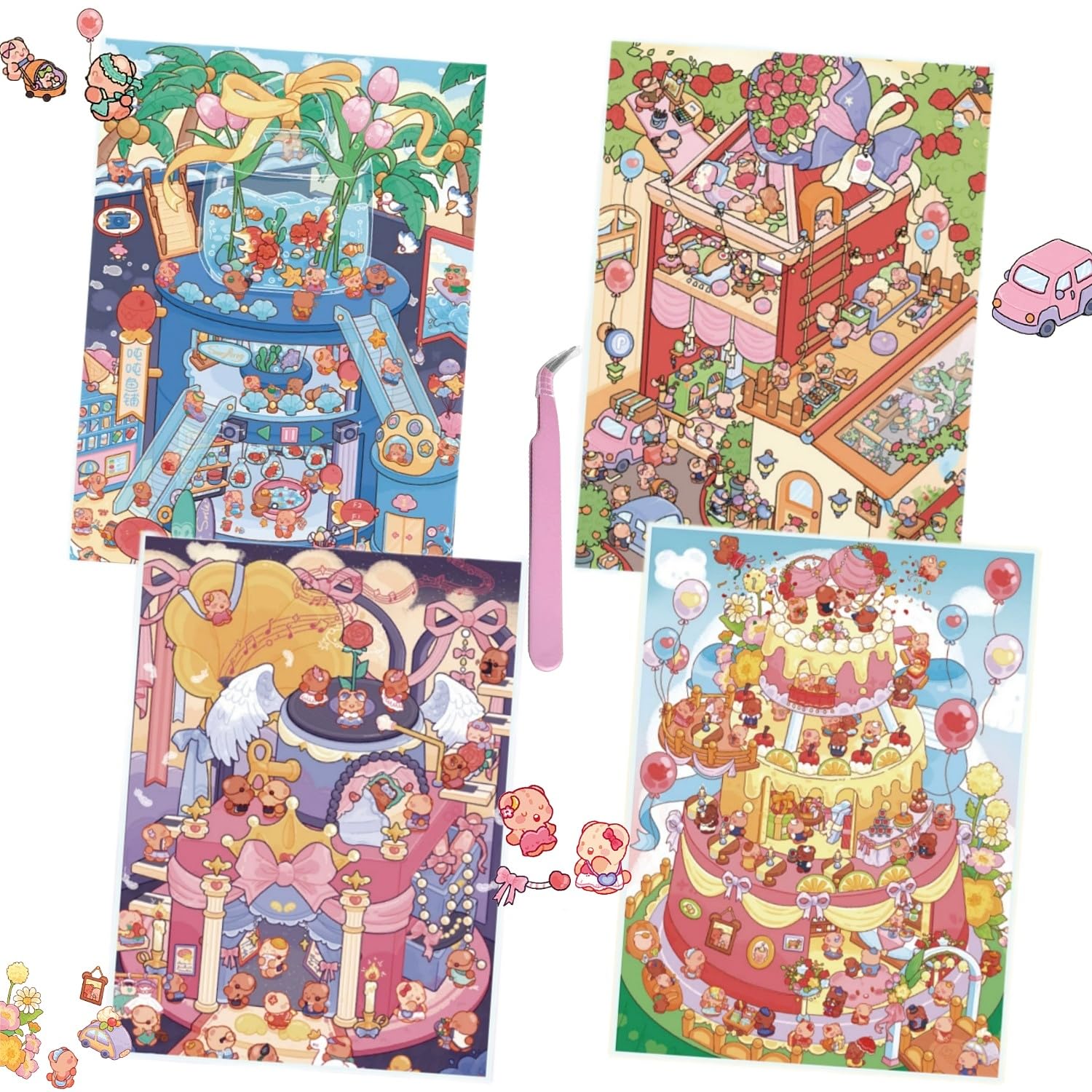 4 Sets Large Size 3D DIY Sticker Scenes, Cartoon 3D House Stickers, Create Your Own Warm Shop, Happiness Experience Hall and Swan Ballet Scenes for Adult Therapy Relief Stress Pass The Time