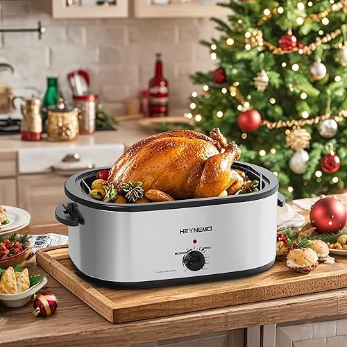 Miniatura 8 de Horno asador de 28 cuartos de galón, sartén eléctrica con tapa visible y autofundante, horno eléctrico grande de acero inoxidable para pavos,