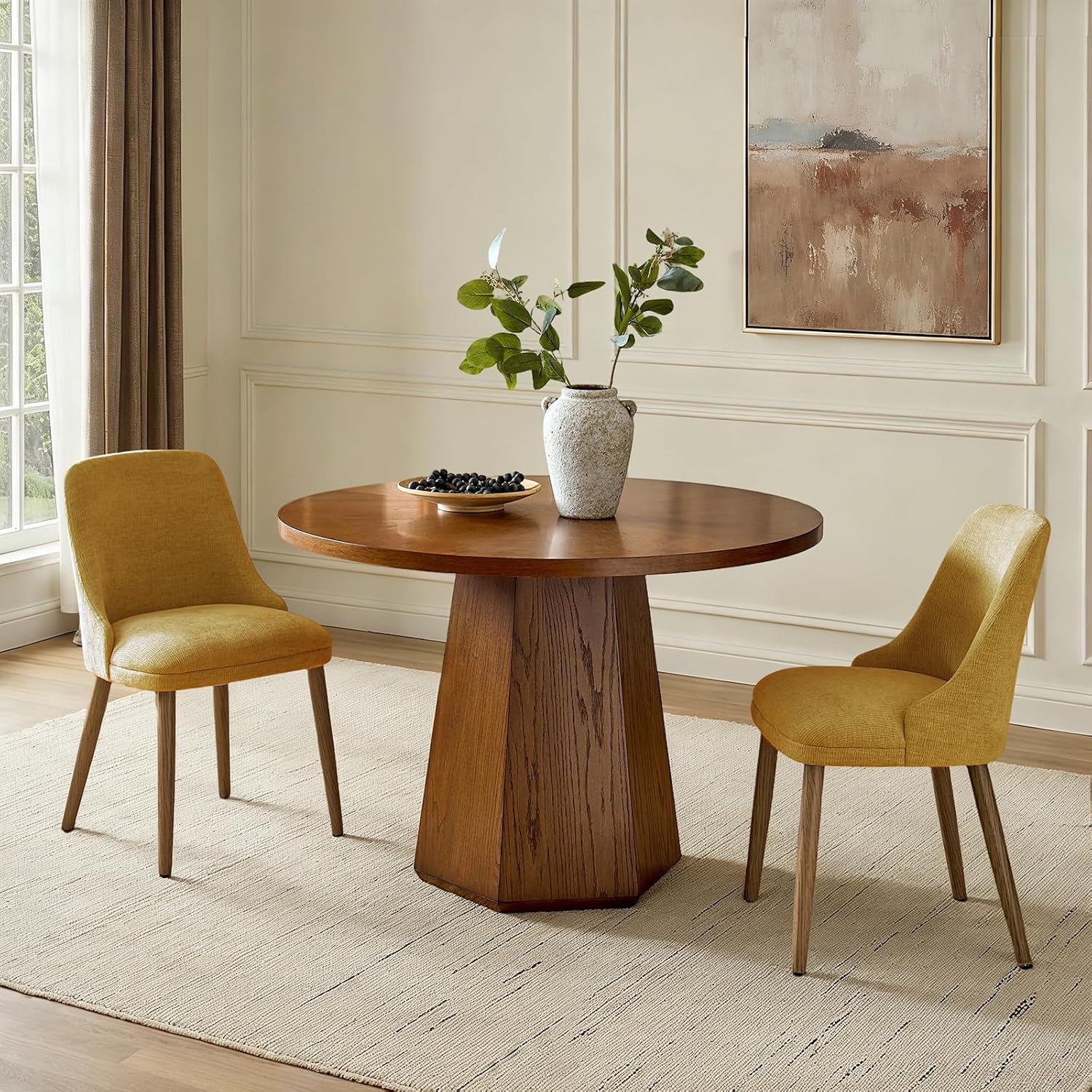 Upholstered Dining Chairs Set of 2, Fabric Dining Room Chairs with Curved Backrest, Solid Wood Legs, Modern Kitchen Chairs for Dining Room Living Room, Mustard