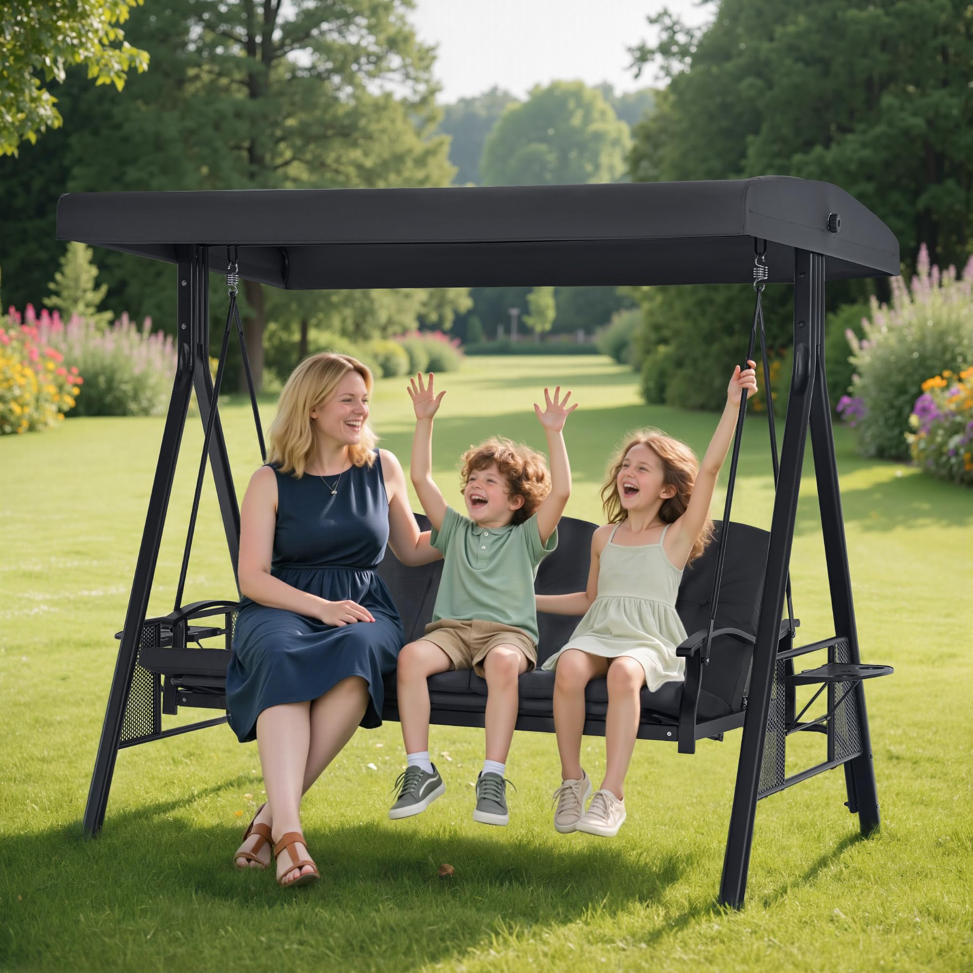 M MCombo 3-Sitzer Hollywoodschaukel mit Liegefunktion, Verstellbarem Sonnendach & Getränkehalter, Gartenschaukel bis 360kg Belastbar Schaukelbank Outdoor Wetterfest 204x118x181 cm 4093 (dunkgelgrau)