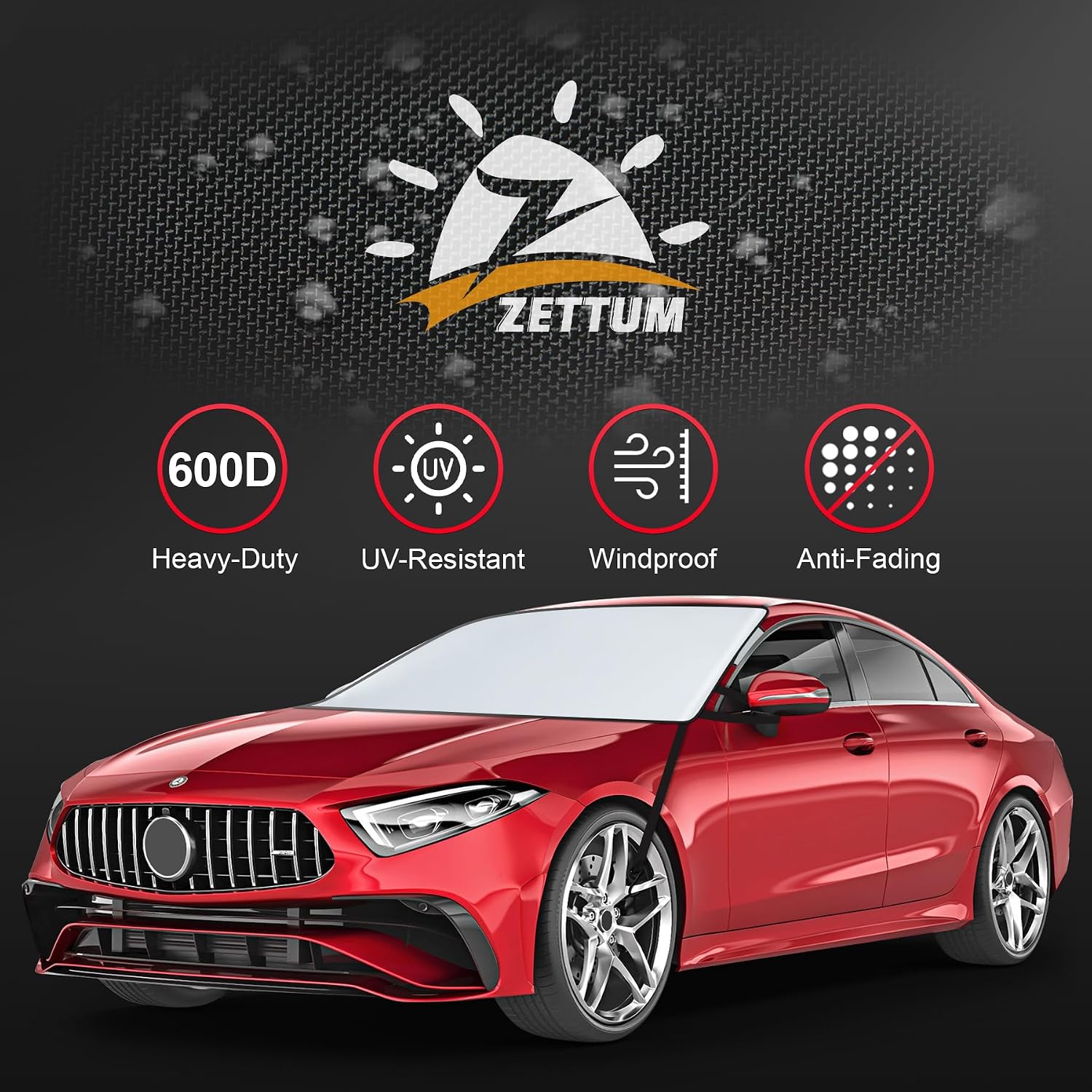 Zettum Car Windshield Sun Cover - 600D Windshield Sun Shade Window Cover Heavy Duty & UV Resistant, Outside Summer Sunshade Protector for Most Sedan Cars (62 x 50 Inch)