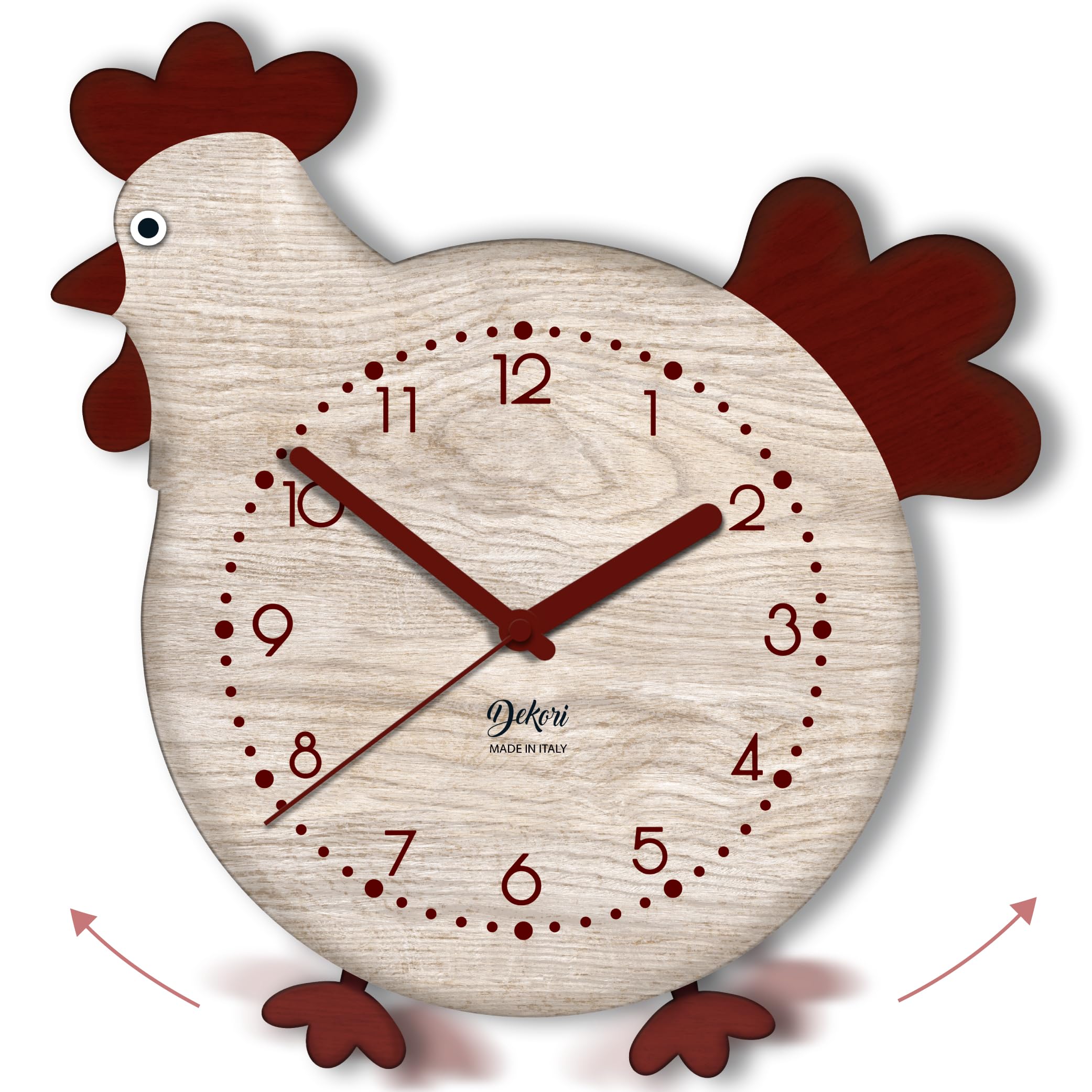 DEKORI Orologio da Parete con Pendolo – Design Gallinella in Legno, Silenzioso e Artigianale, per Cucina Rustica o Casa, 27x32 cm