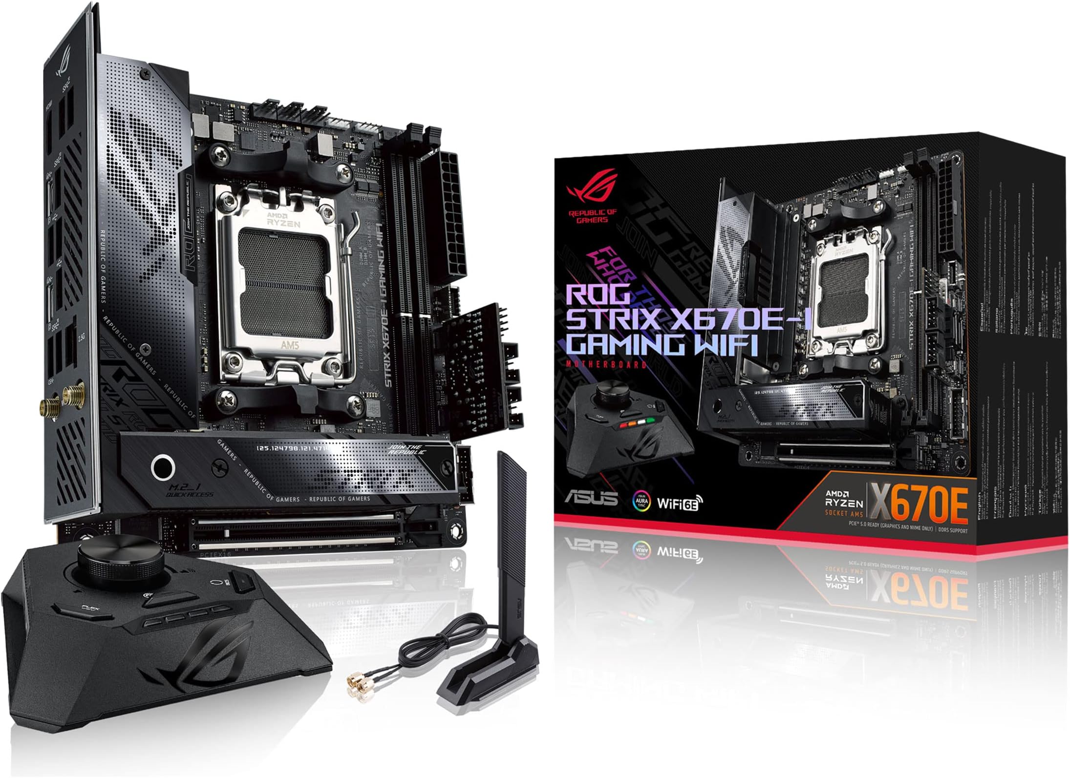 ASUS ROG Strix X670E-I Gaming WiFi AMD X670 AM5 Ryzen™ Desktop 9000 & 7000 mini-ITX mITX Motherboard, 10+2 Power Stages, ROG Strix Hive, PBO Button, PCIe® 5.0, DDR5, Wi-Fi 6E, 2X M.2, 2X USB4® Type-C