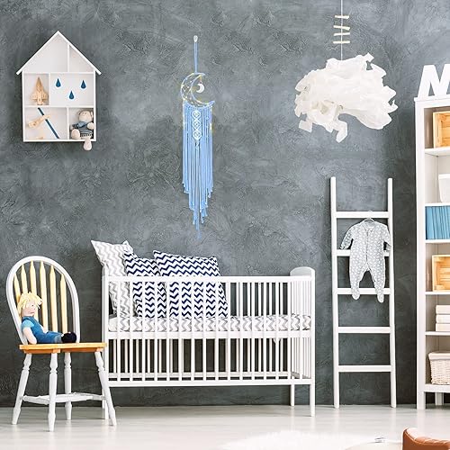 Vista 39 de Colgante de pared tejido de macramé bohemio, crochet, luna creciente, estrella, atrapasueños con borla larga, algodón negro, hecho a mano, bohemio