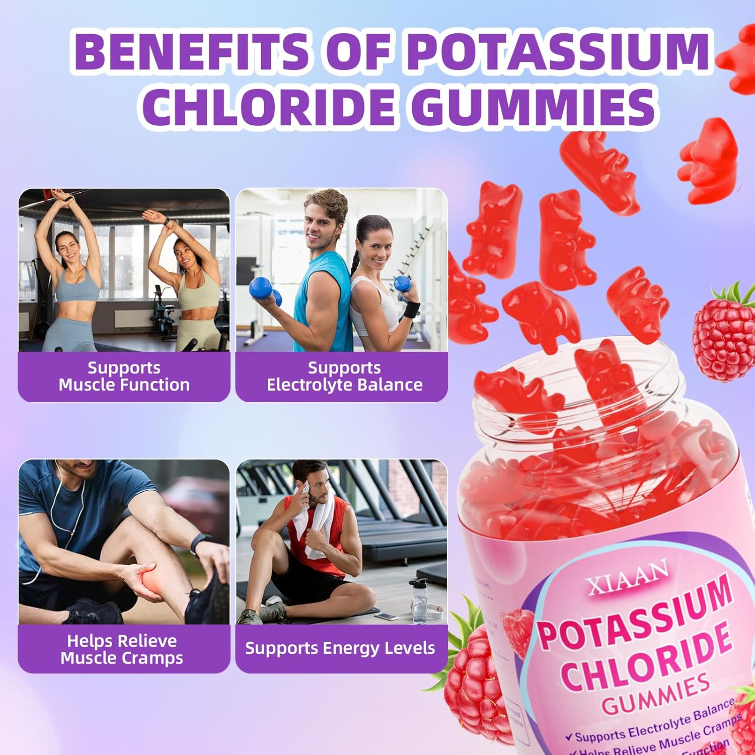 Potassium Gummies for Women & Men, High Dose Potassium Chloride Supplement Gummies for Leg Cramps & Electrolyte Balance, Vegan/Sugar-Free/Gluten Free, Raspberry Flavor 60 Count