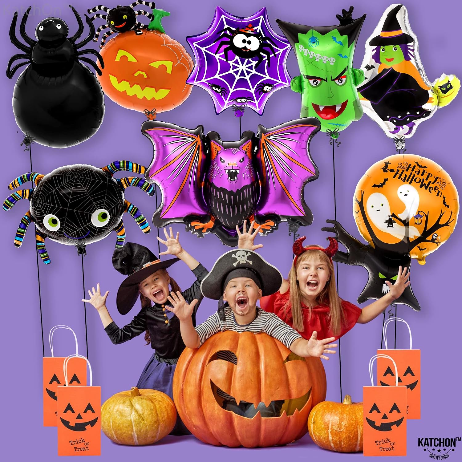 KatchOn, Happy Halloween Balloons Set - Pack of 8 | Ghost Tree Balloons, 38 Inch | Pumpkin Balloons, Halloween Foil Balloons for Trunk or Treat Car Decorations Kit | Halloween Birthday Party Décor