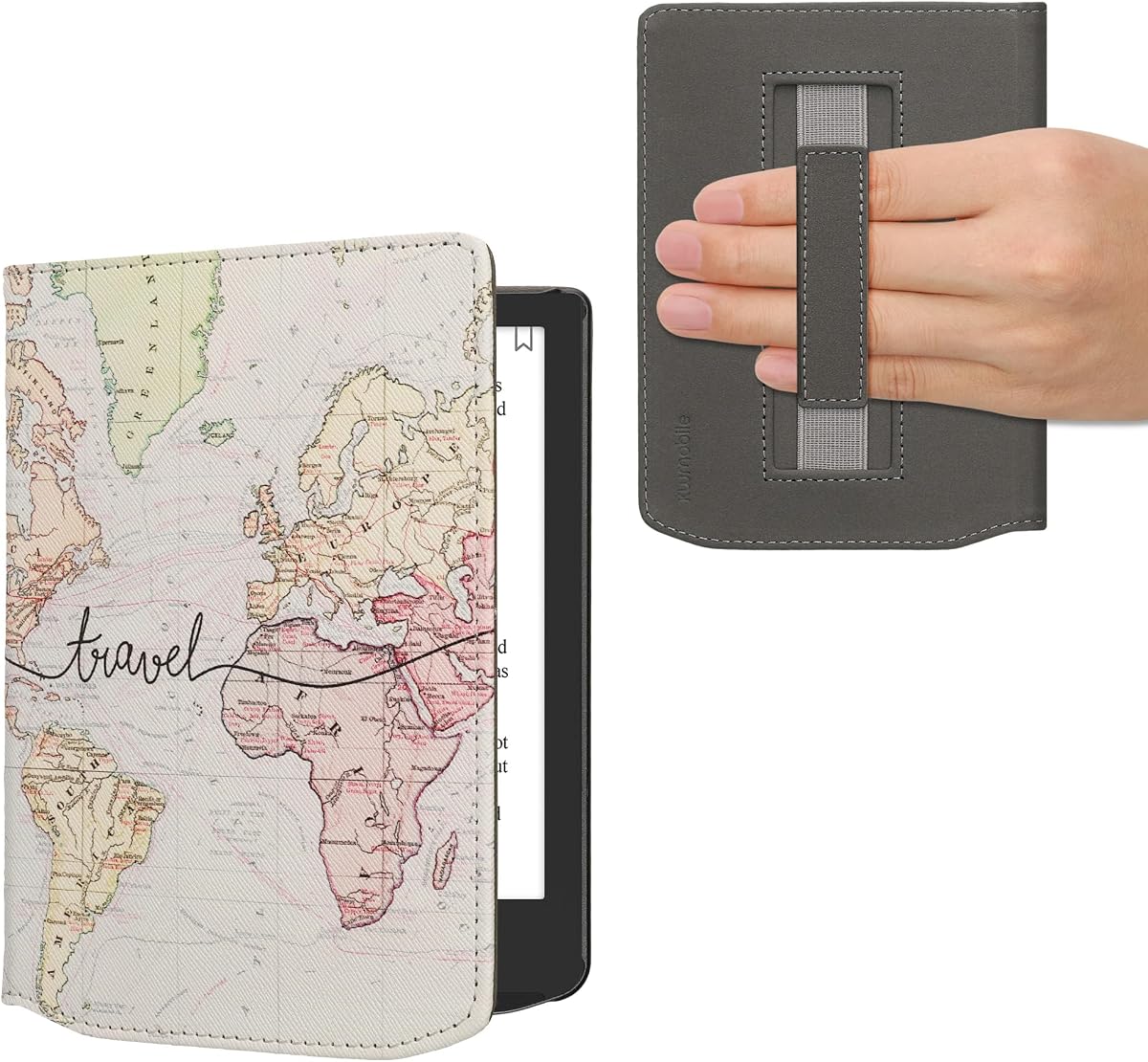 kwmobile Case Compatible with Pocketbook Verse/Verse Lite/Verse Pro/Color/Vivlio Light/Light HD Case - PU Cover w/Strap - Travel Black/Multicolor